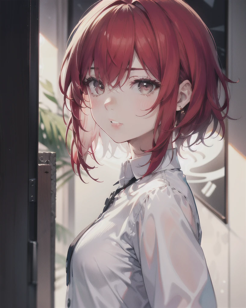 (Masterpiece1.8, best quality 1.8, masterpiece fanart ofhuman,photography,ultra realistic detailed lively body)a 30 yo woman,(hi-top fade:1.3),long hair,dark theme, soothing tones, muted colors, high contrast, (natural skin texture, hyperrealism, soft light, sharp),masterpiece, realistic, 8k, (1woman:1.3), european, white shirt, (red hair:1.1) , mullet-hair, short hair,(long mullet:1.3),