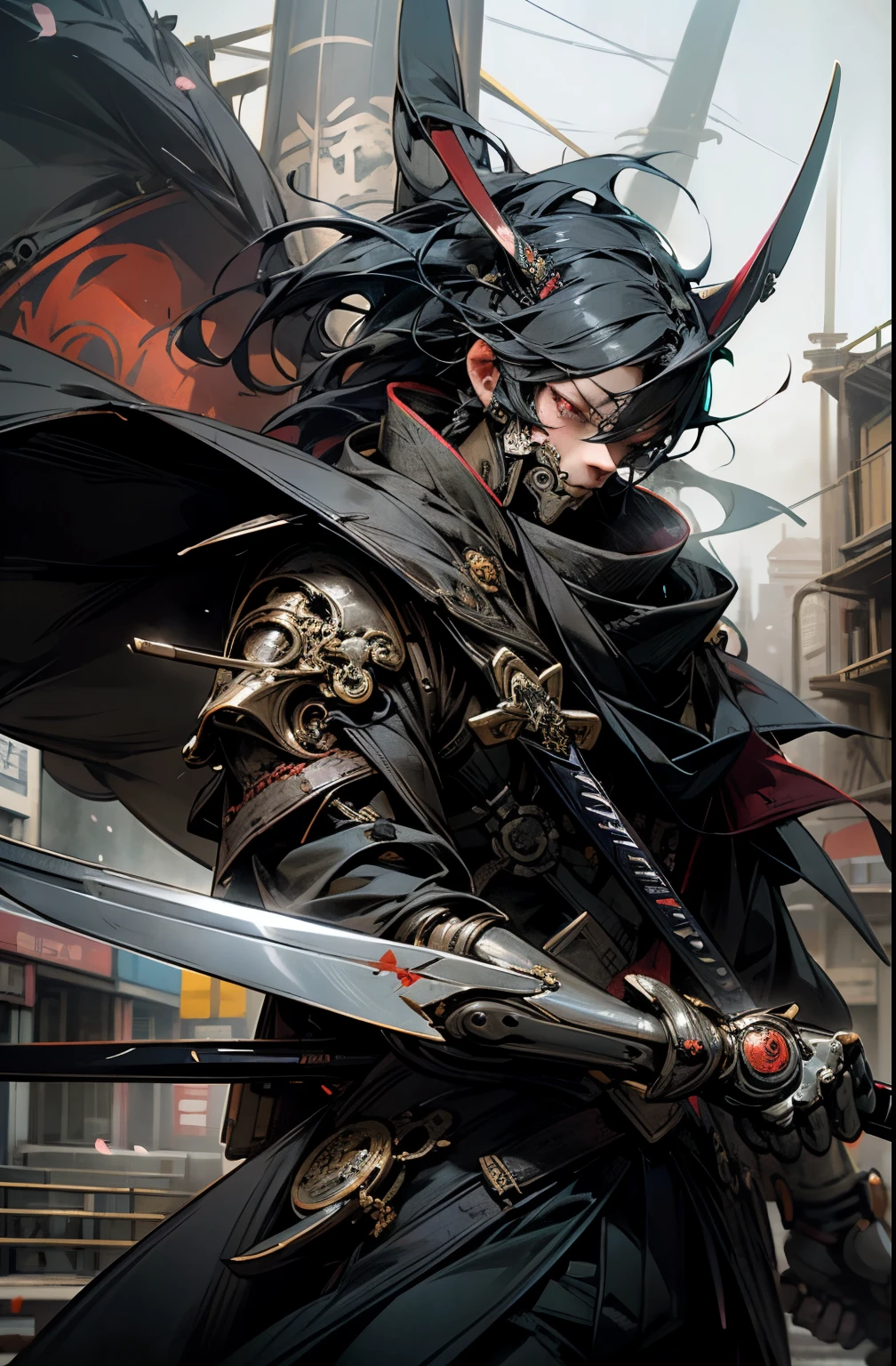 Dark gothic horror Fantasy,Futuristic Cyberpunk,(samurai blade, scythe blade, sashimono war flag, black:1.1),1man,Mechanical marvel,Robotic presence,Cybernetic warrior guardian, wearing a worn-out mech suit, icredibly intricate metal [rusty]), perfect elegance, clear focus, shot by greg rutkowski, cinematic lighting, vibrant colors, perfect masterpiece, ((street)), cowboy shot, extremely dynamic pose, cherry blossoms blowing in the wind, post apocalyptic gothic feudal Japan background