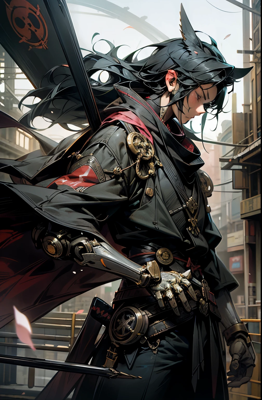 Dark gothic horror Fantasy,Futuristic Cyberpunk,(samurai blade, scythe blade, sashimono war flag, black:1.1),1man,Mechanical marvel,Robotic presence,Cybernetic warrior guardian, wearing a worn-out mech suit, icredibly intricate metal [rusty]), perfect elegance, clear focus, shot by greg rutkowski, cinematic lighting, vibrant colors, perfect masterpiece, ((street)), cowboy shot, extremely dynamic pose, cherry blossoms blowing in the wind, post apocalyptic gothic feudal Japan background