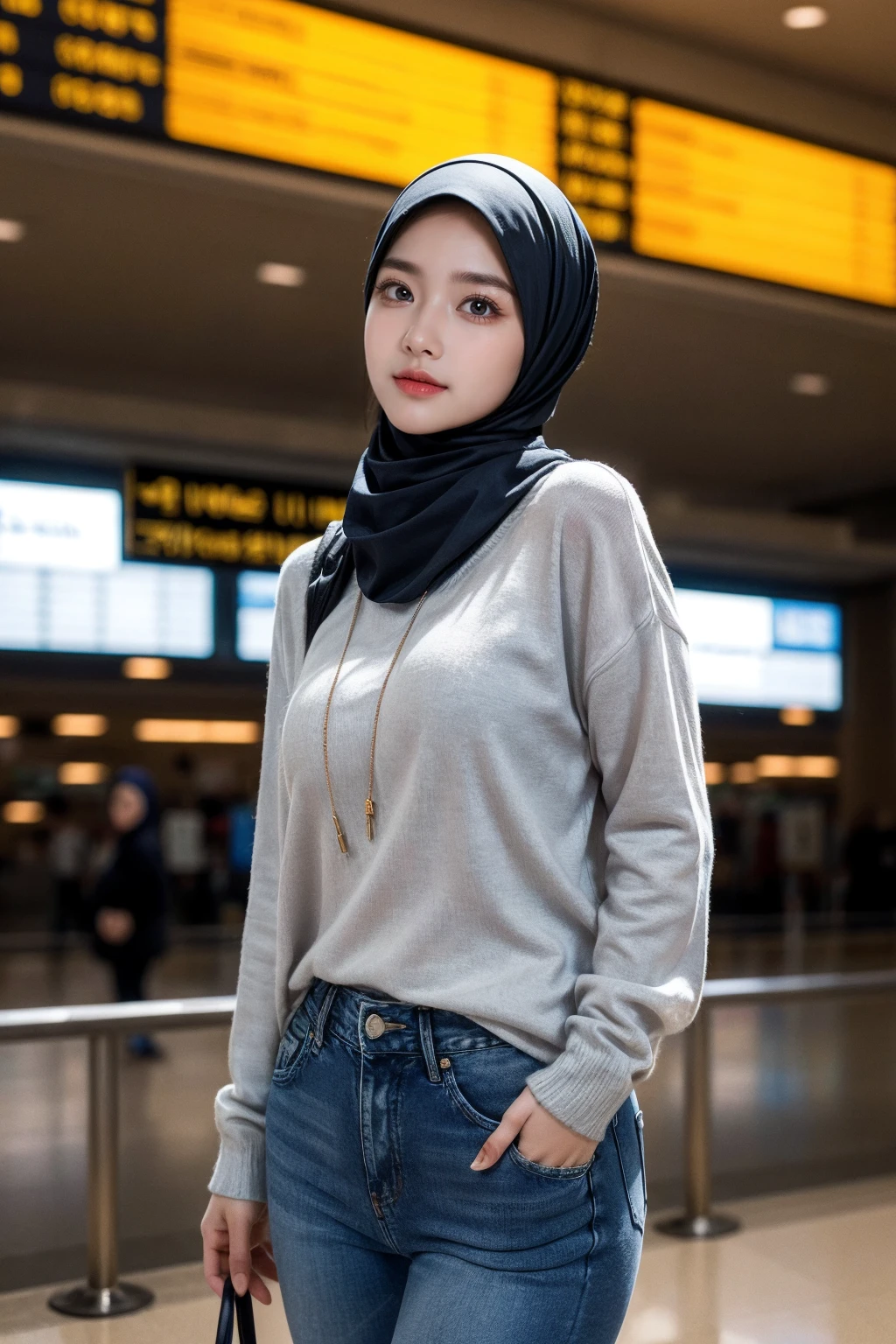 (realistic photos of Hijab Korean female, slightly smile,expressive eyes,eye makeup,airport background,standing posture,confident attitude,Eye-Level Shot, slightly blurry background,UHD,masterpiece:1.2,highres,16k), long Jeans