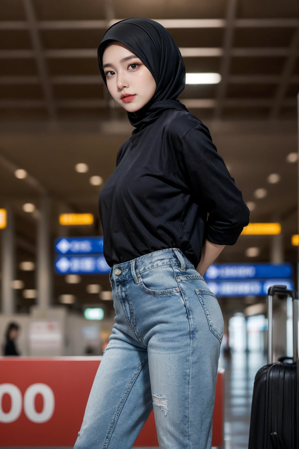 (realistic photos of Hijab Korean female, slightly smile,expressive eyes,eye makeup,airport background,standing posture,confident attitude,Eye-Level Shot, slightly blurry background,UHD,masterpiece:1.2,highres,16k), long Jeans