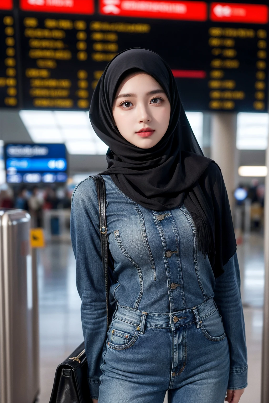 (1girl), solo, malay-girl, ((mira filzah face)) wearing hijab, wearing(blue- cotton underwear, jewelry), photo(medium-shot), portrait, sitting-poses, pov, blurry_background, background(futuristic-metro_station), (photorealistic, absurdres, best_quality:1.55),