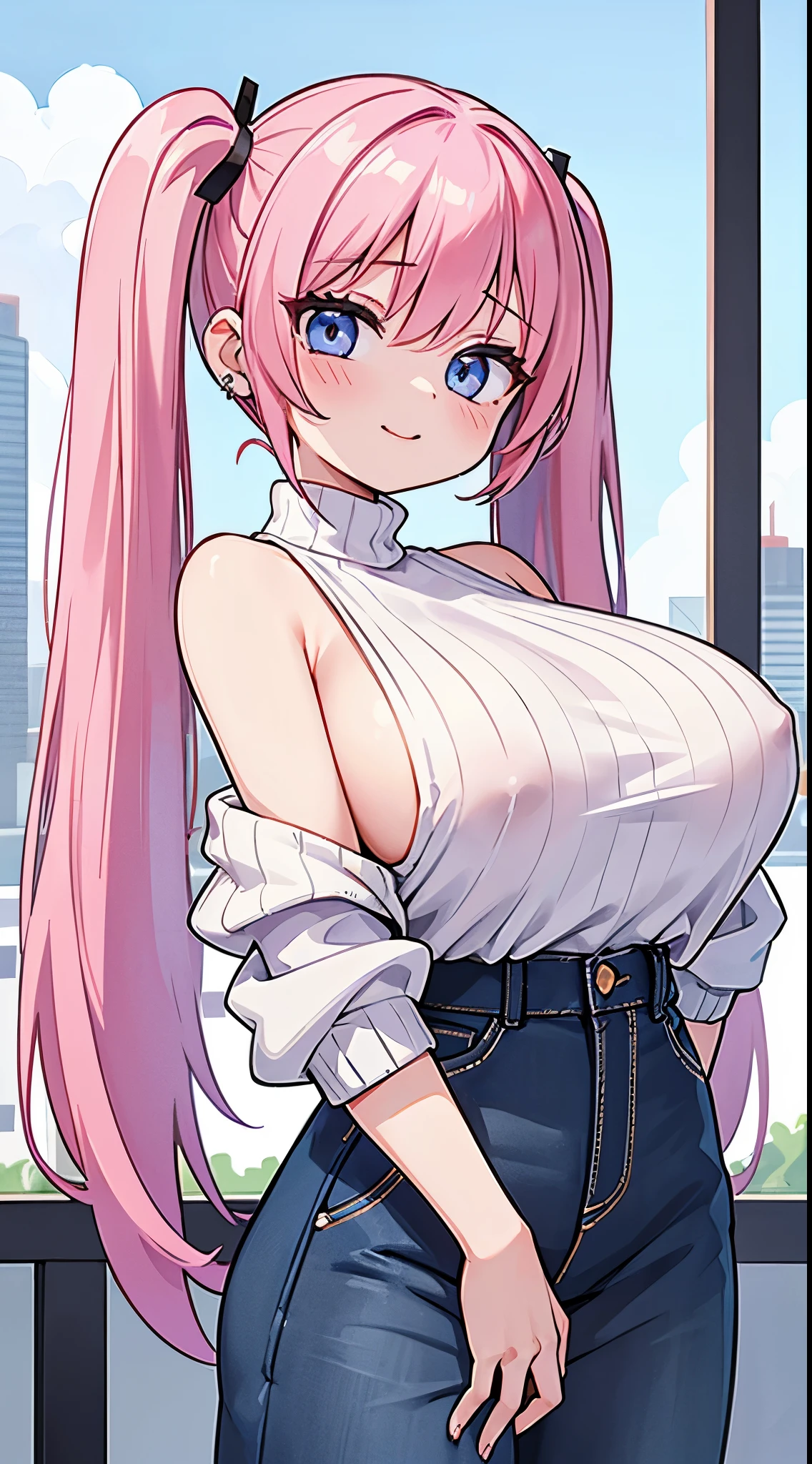 masterpiece、top-quality、ultra-detailliert)、((1 girl))、((Pink hair twin tails))、light blue eyes、evilsmile、piercings、((very Bigger breasts))、(Open chest)、Black Turtleneck Sweater、sleeveless、off shoulders、denim、long trousers、cowboy shot、fold hands behind、City background