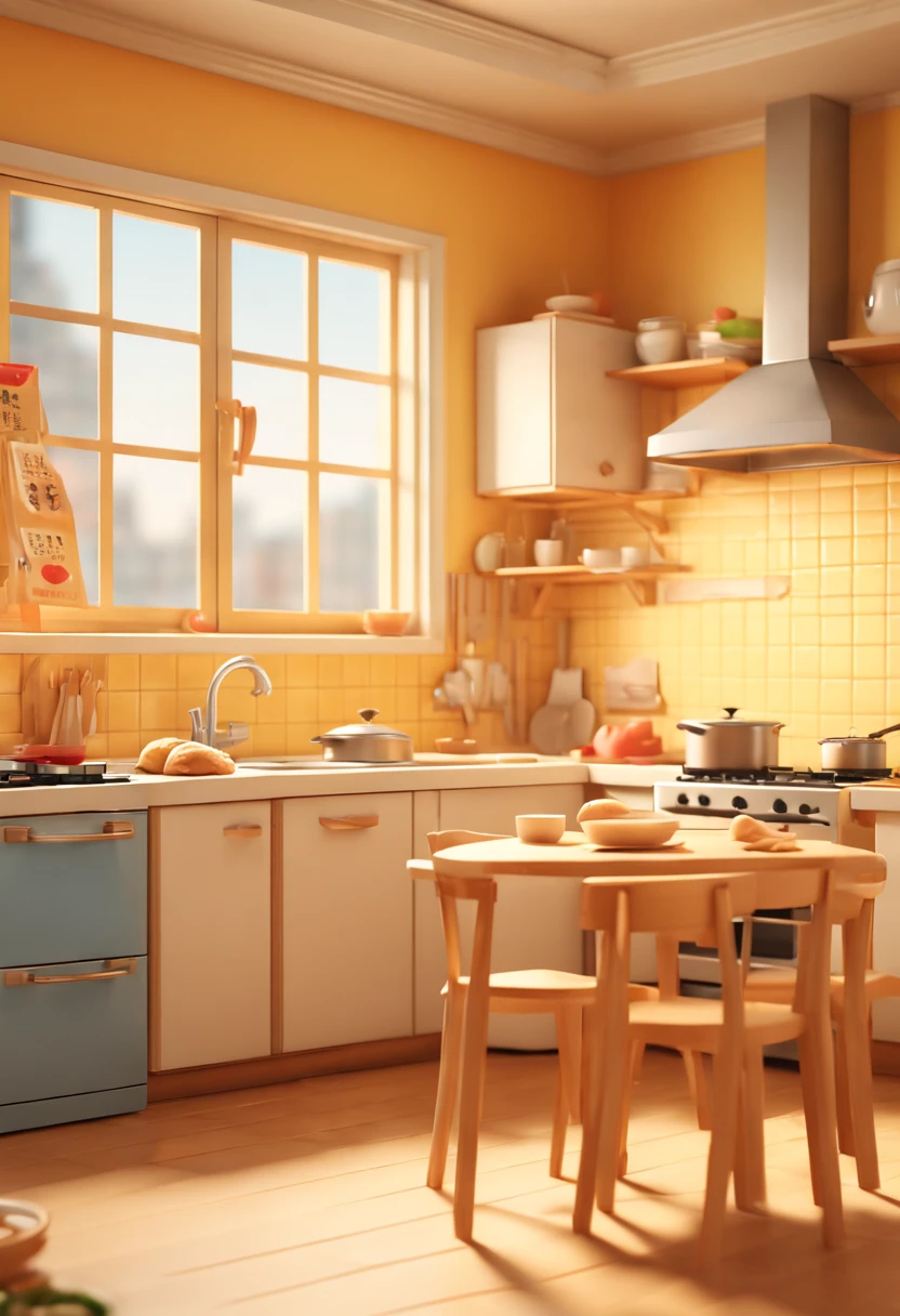 by Richard Scarry, A clean and tidy kitchen, Crescent Dumplings, gyoza, Chinese wontons, octane render, enhance, intricate, (masterpiece, Representative work, official art, Professional, unity 8k wallpaper:1.3)