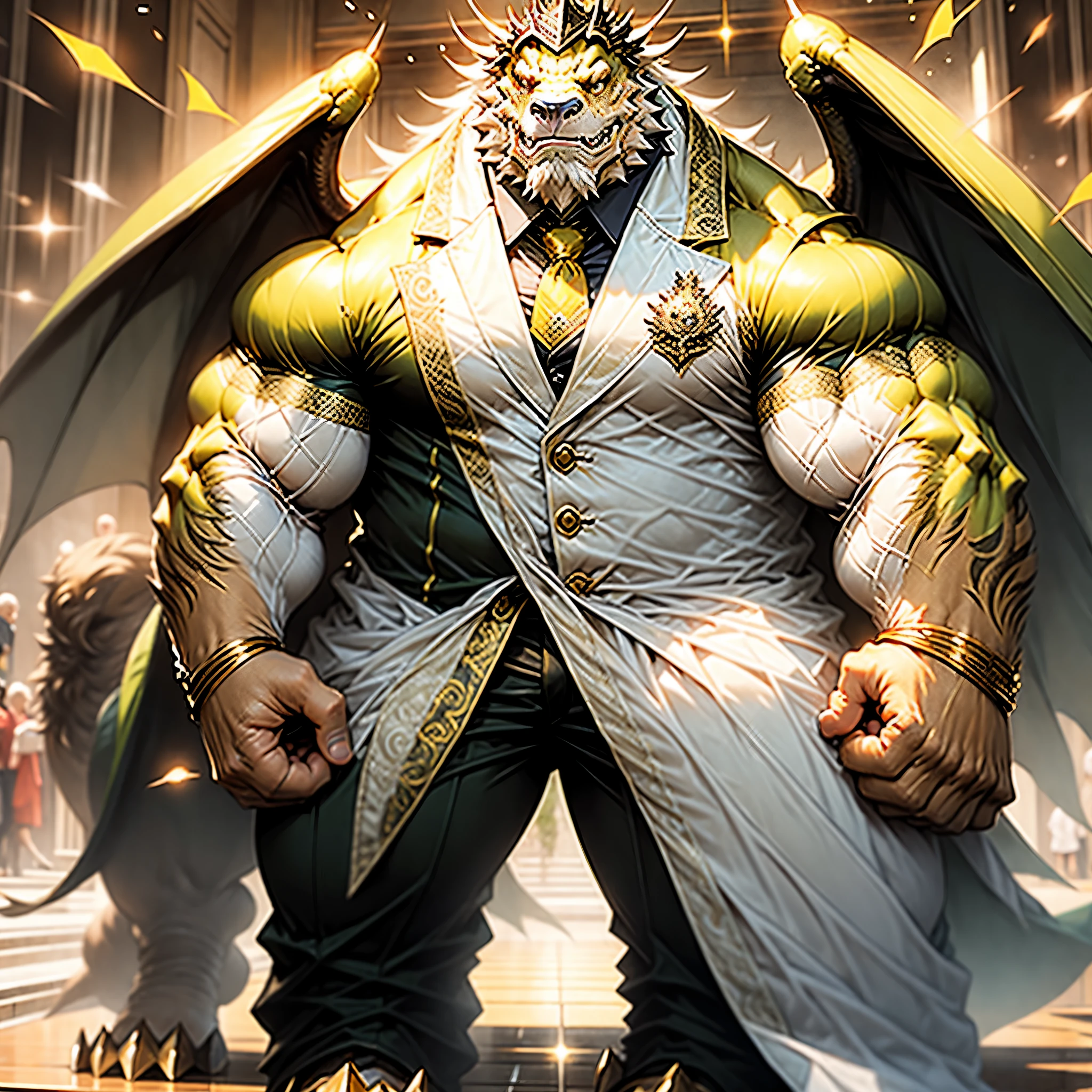 ( Best Quality, Ultra-realistic), Golden Dragon、Very large body、large shoulders、Strong muscles、wearing tuxedo、large wings、Draw in detail
