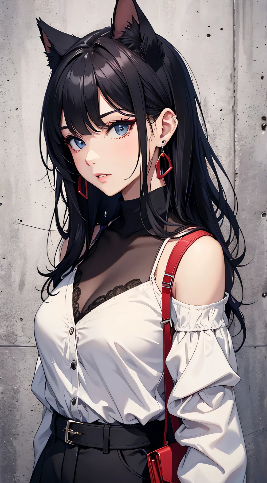 top-quality、Top image quality、masterpiece、Teenage girl((White shirt、Long black trousers、18year old、 Ager、Best Bust、big bast,Black eyes, Black hair、A slender,Large valleys、red lipsticks、blue eyelid makeup、Cute earrings、銀の腕時計、sexypose、Bring your chest together、Stylish shoulder bag、Red mesh、cat tattoo on chest)),hiquality、Beautiful Art、Background with((white wall for photography、Multiple cameras、Shooting range))masterpiece、depth of fields,Cinematic style