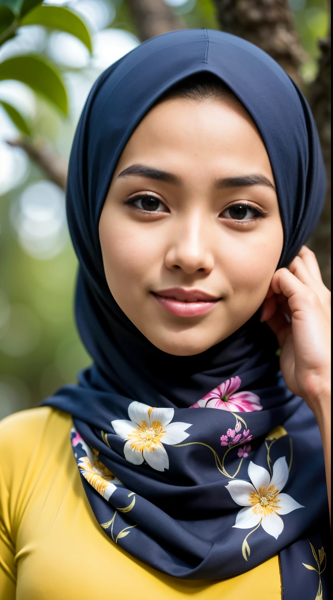 1 Malay girl, modern plain hijab with small floral pattern, shy, medium portrait, watery eyes, juicy lips, glossy lips, open mouth, big breasts, 1 Malay girl, modern plain hijab with small floral pattern, shy, medium portrait, watery eyes, RAW, Quality best, high resolution, masterpiece: 1.3), beautiful Malay woman wearing a hijap: 0.8), perfect nose, perfect lips, perfect eyes, detail: 1.2), beautiful face, soft smile, beautiful woman wearing a modern hijap with small floral patterns, woman in a yellow dress and yellow scarf, hijab, beautiful girl, beautiful smile, beautiful woman, beautiful appearance, with a beautiful smile, beautiful sweet,((close up))