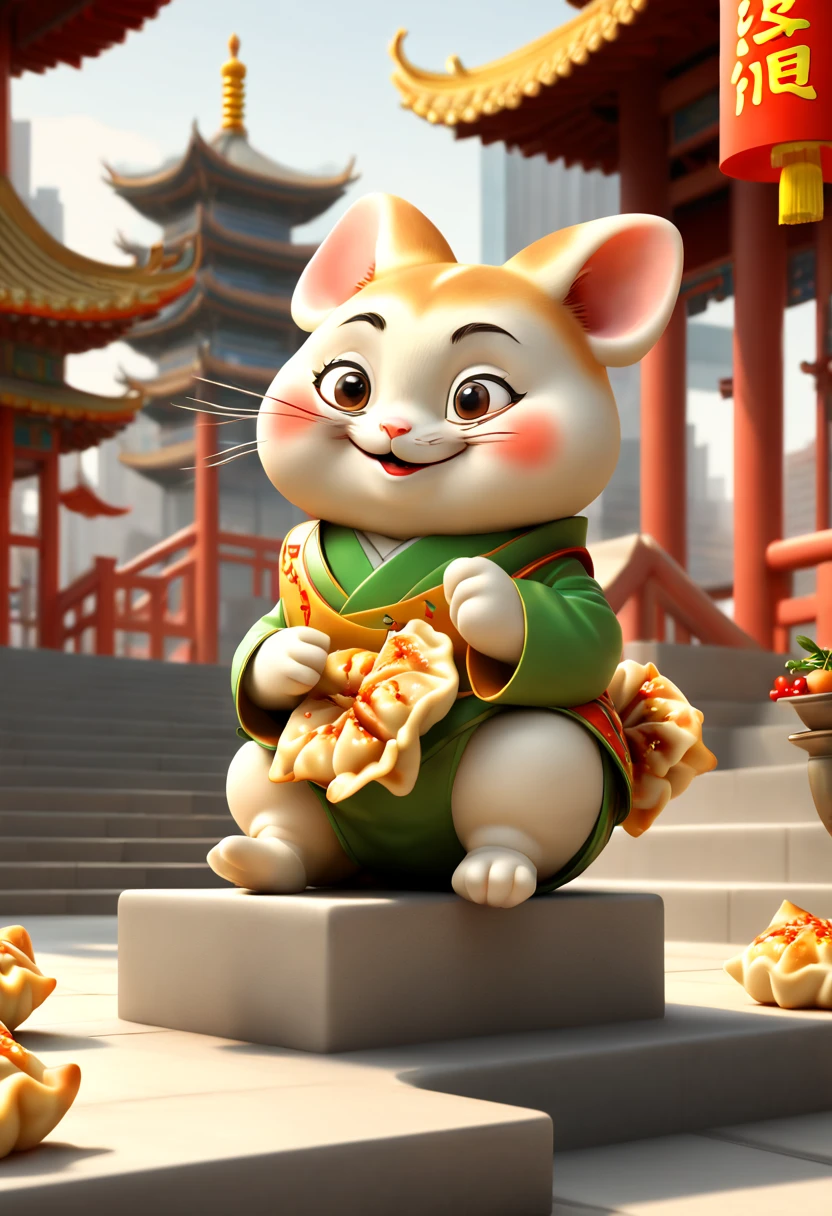 by Richard Scarry, sitting on Square steps, Crescent Dumplings, gyoza, Chinese wontons, octane render, enhance, intricate, (masterpiece, Representative work, official art, Professional, unity 8k wallpaper:1.3)