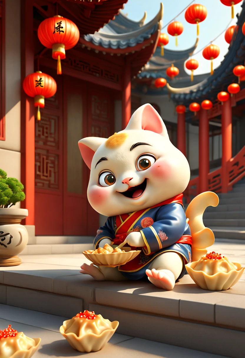 by Richard Scarry, sitting on Square steps, Crescent Dumplings, gyoza, Chinese wontons, octane render, enhance, intricate, (masterpiece, Representative work, official art, Professional, unity 8k wallpaper:1.3)
