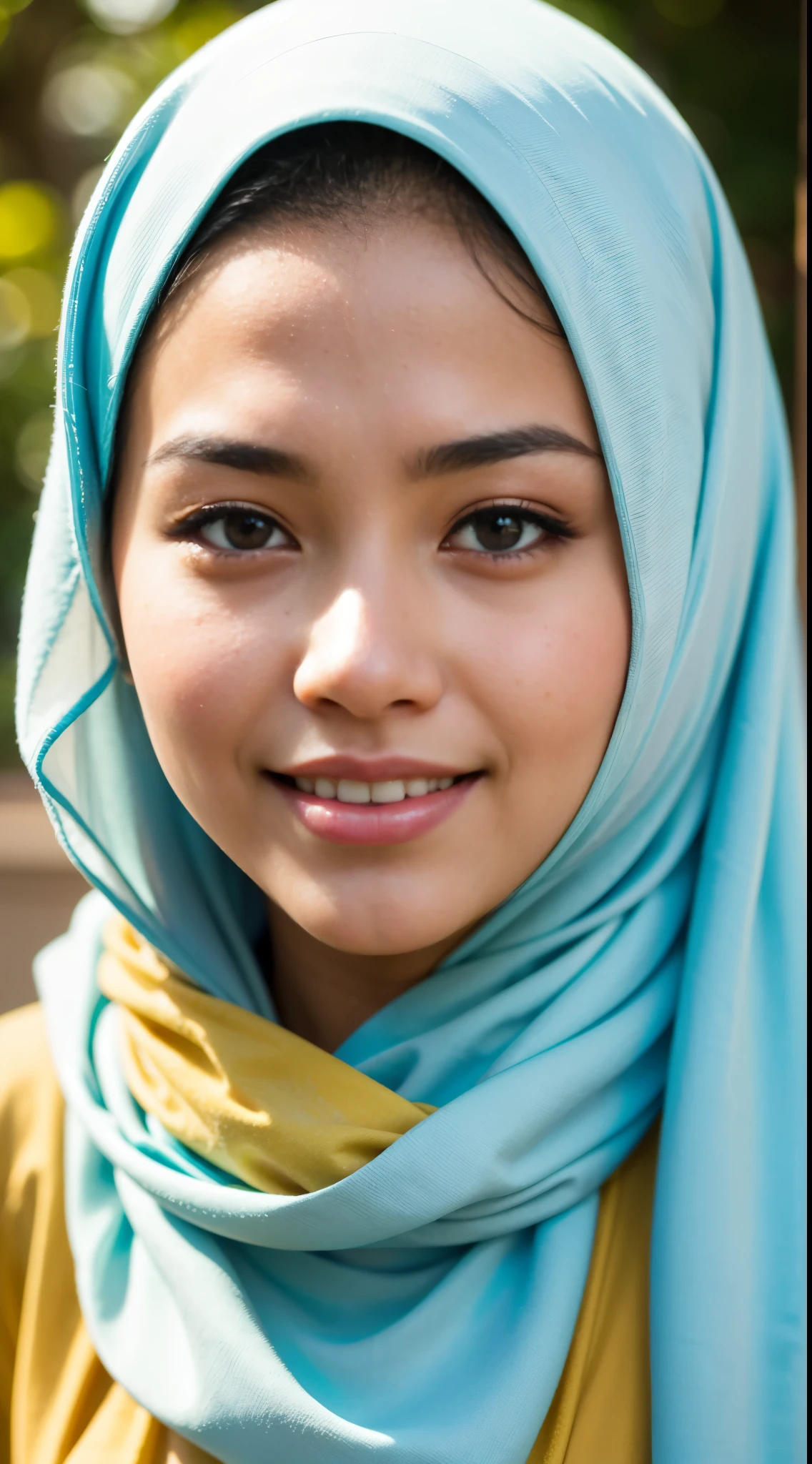 1 Malay girl, modern plain hijab with small floral pattern, shy, medium portrait, watery eyes, juicy lips, glossy lips, open mouth, big breasts, 1 Malay girl, modern plain hijab with small floral pattern, shy, medium portrait, watery eyes, RAW, Quality best, high resolution, masterpiece: 1.3), beautiful Malay woman wearing a hijap: 0.8), perfect nose, perfect lips, perfect eyes, detail: 1.2), beautiful face, soft smile, beautiful woman wearing a modern hijap with small floral patterns, woman in a yellow dress and yellow scarf, hijab, beautiful girl, beautiful smile, beautiful woman, beautiful appearance, with a beautiful smile, beautiful sweet,((close up))