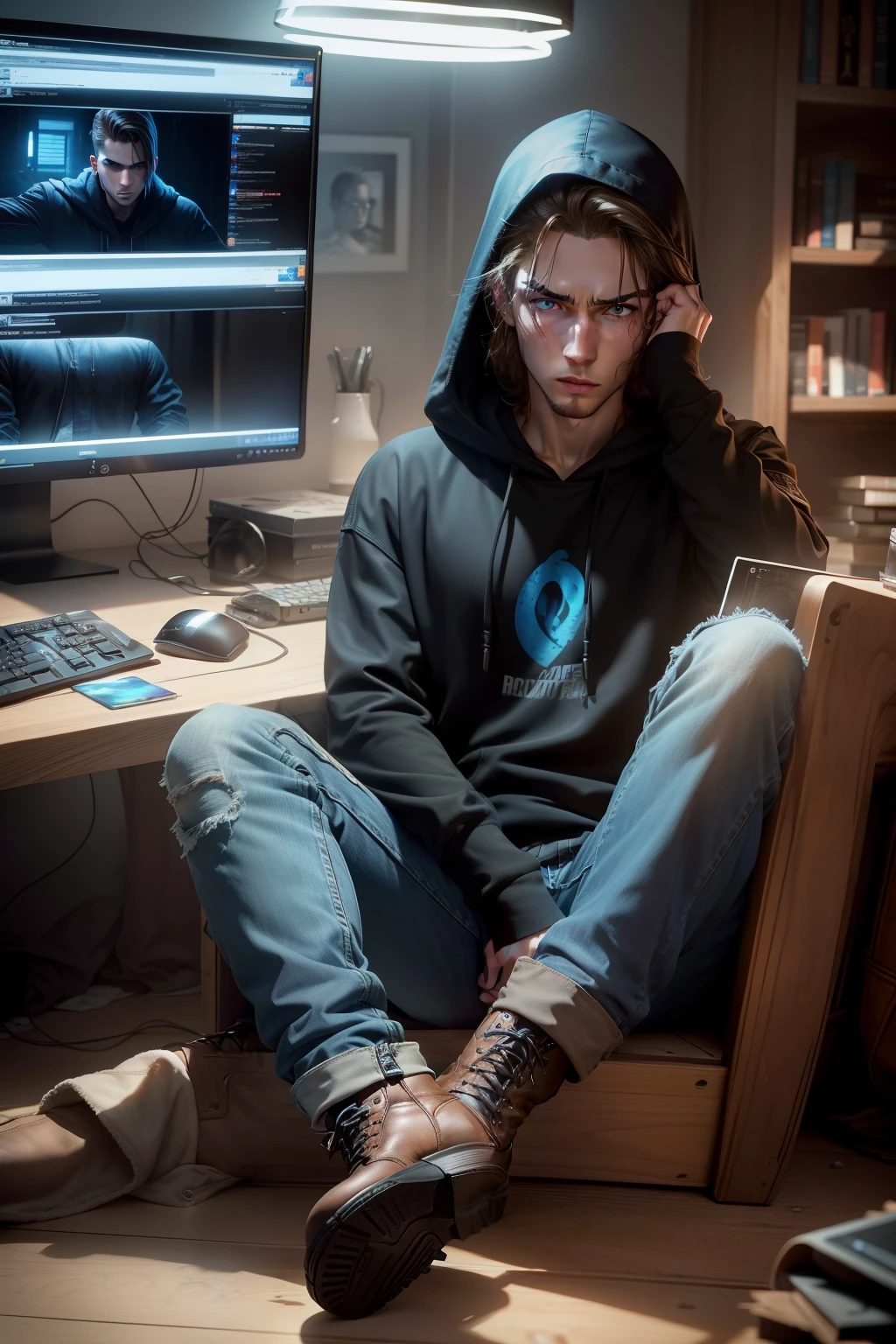 (dramatic lighting, intense color contrast),(Hold it in your hand) (Alone), (Portrait of 1 young caucasian man with brown eyes, Wearing blue jeans and black hoodie, Pull the hood down over your forehead), (Black boots), (in front of rows of computer screens ), (intense expression), (), (Precise, the right proportions)