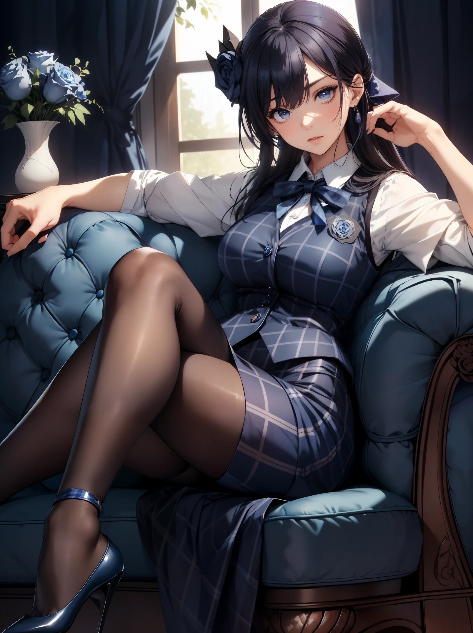 Best Quality, masutepiece, beautiful mature women、Beautiful face、Strong-minded woman、Officelady、(Officelady、navy blue plaid vest、Dark blue ribbon、White cutter shirt、Tight black pencil skirt、Black tights、Dark blue high heels:1.5)、((brown haired、Bangs are asymmetrical、Brown-eyed))、Longhaire、(((dark blue theme:1.5)))、BREAK(navy blue curtains、poseing,blue rose vase、navy blue sofa:1.3)