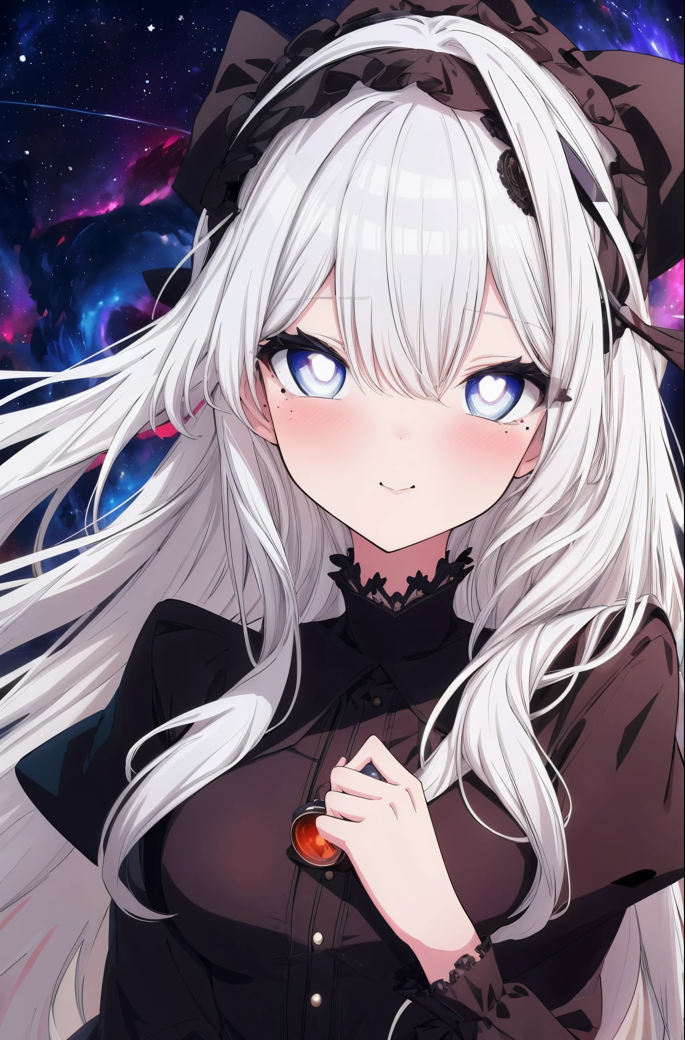 1girl, gentle smile, Long silver-white hair with a hint of blue, Starry eyes, hair strand, goggles, ta hairband, mole under eye, star-shaped pupils, amber eyes, blush, high detail, anime, Romanticism, modern, Gothic art, anime style, cinematic lighting, high details, best quality, nebula background