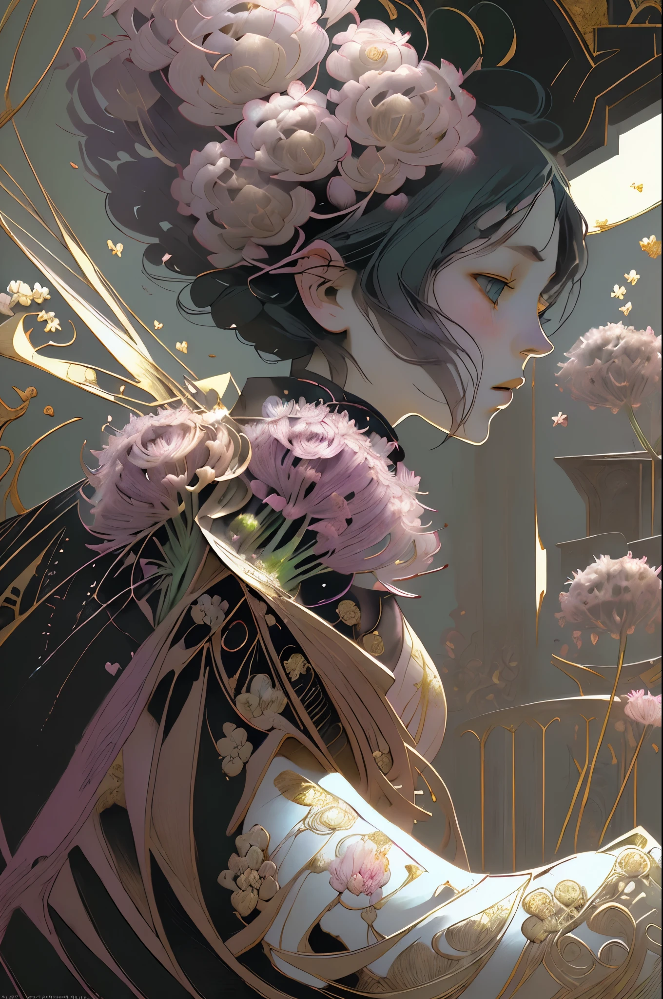 girl mystical landscape and anime girl flowers allium color pink white emerald golden surrealism Dali style epic dramatic drawing of details