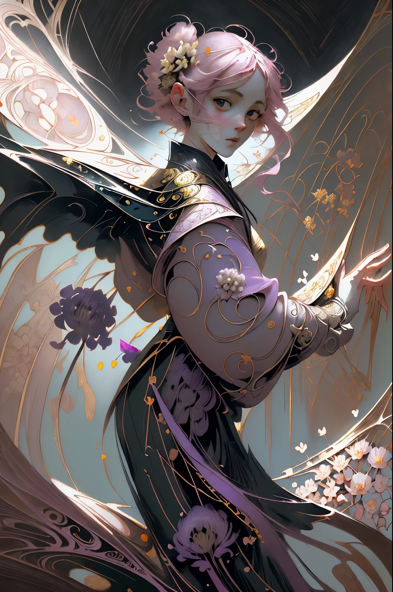 girl mystical landscape and anime girl flowers allium color pink white emerald golden surrealism Dali style epic dramatic drawing of details