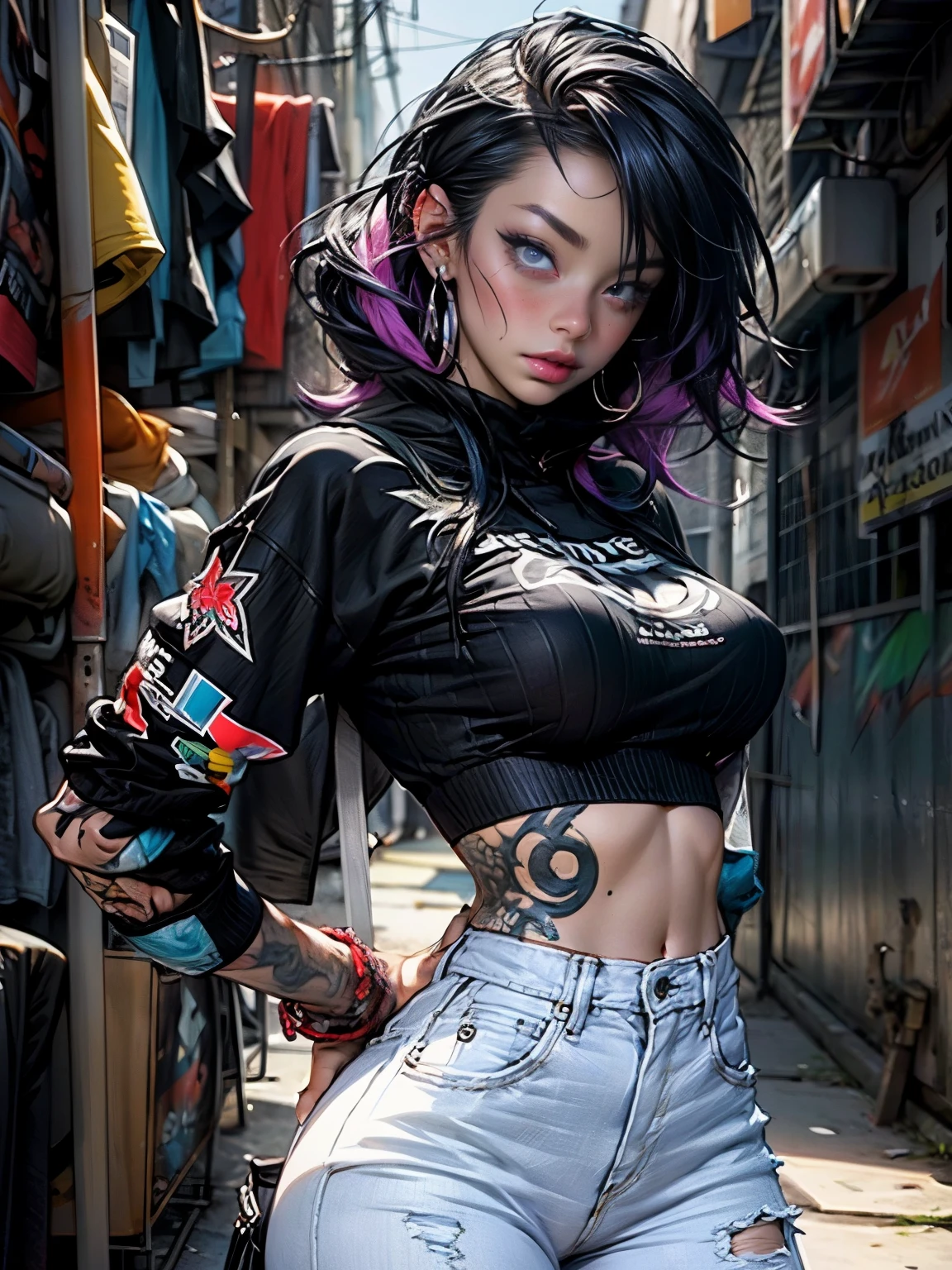 PERFECT MASTERPIECE, EXTREMELY DETAILED CG UNITY 32K UHD QUALITY RESOLUTION WALLPAPER, PHOTOREALISTIC, RAW PHOTO, PERFECT PHOTOGENIC CLARITY, OFFICIAL ART, AWARD-WINNING PORTRAIT, ULTRA HYPER-REALISTIC, ULTRA HYPER-DETAILED, SHINY REALISTIC SKIN, The most beautiful and sexy punk rock girl, very long black and rainbow colored hair in a crazy shaved mohawk punk rock hairstyle, vibrant moonlight eyes, long detailed eyelashes, blushing, full pouting pink lips, curvy body type, full hips, tons of tattoos and piercings, super huge enormously gigantic tits, cleavage showing, gigantic tits bursting out of her shirt, wearing hoodie graphic t-shirt and torn skinny jeans, arching her back in a sexy seductive slutty pose, looking at the viewer, close up pov camera view from below, sexy seductive horny slutty facial expression, futuristic graffiti cyber City background.