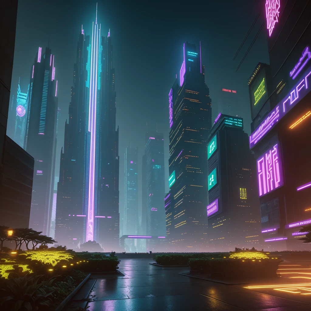 ((Best Quality)), ((Masterpiece)), (Detail: 1.4), Intricate details, Cinematic lighting, Sharp focus, Beautiful garden, (Cyberpunk city background:1.3), Mega buildings, Neon lights,