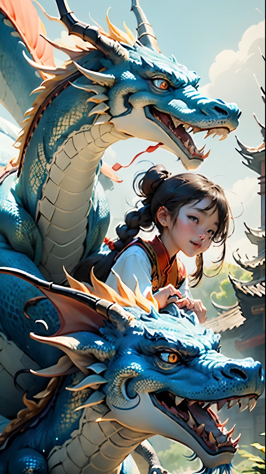 1Girl, Masterpiece, Best Quality, Make friends with Chinese dragons, hilarious, happy, bright, loong,