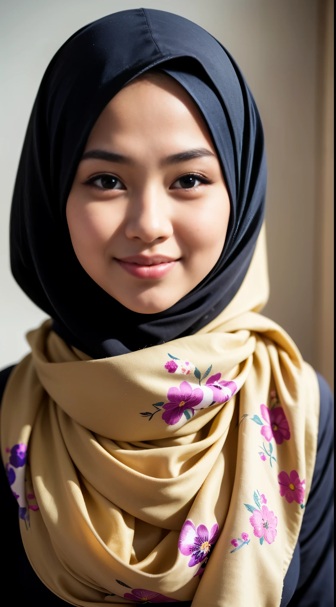 1 Malay girl, modern plain hijab with small floral pattern, shy, medium portrait, watery eyes, juicy lips, glossy lips, open mouth, big breasts, 1 Malay girl, modern plain hijab with small floral pattern, shy, medium portrait, watery eyes, RAW, Quality best, high resolution, masterpiece: 1.3), beautiful Malay woman wearing a hijap: 0.8), perfect nose, perfect lips, perfect eyes, detail: 1.2), beautiful face, soft smile, beautiful woman wearing a modern hijap with small floral patterns, woman in a yellow dress and yellow scarf, hijab, beautiful girl, beautiful smile, beautiful woman, beautiful appearance, with a beautiful smile, beautiful sweet,((close up))