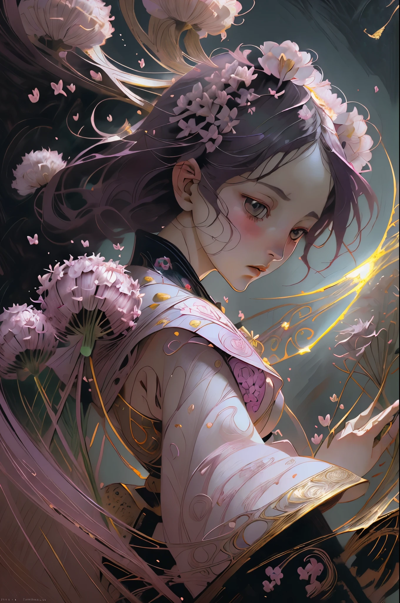 girl mystical landscape and anime girl flowers allium color pink white emerald golden surrealism Dali style epic dramatic drawing of details