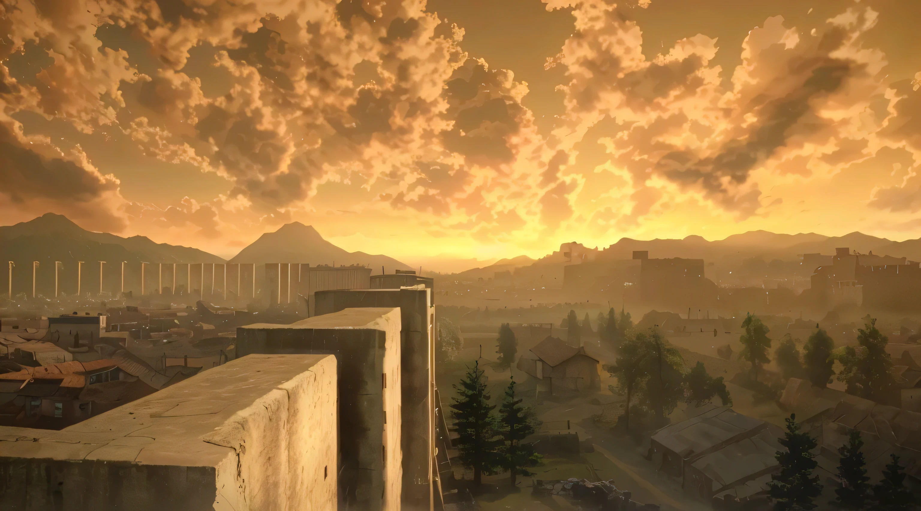 attack on titan scenery, sunset over high walls, ruins in the background, a little bit of trees, small village destroyed, attack on titan anime, AOT theme, walls.