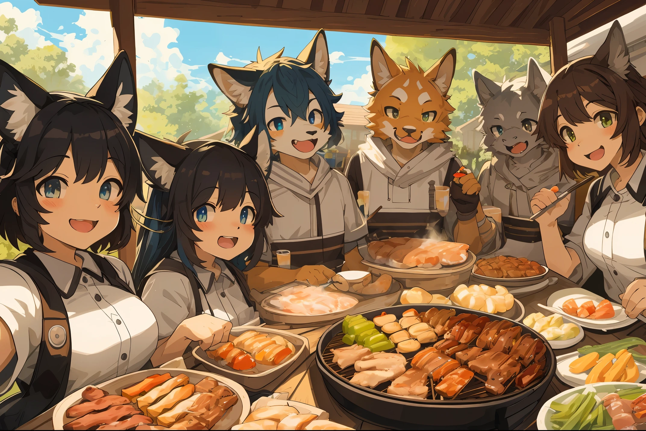 top quality, best quality, High-quality illustrations, masterpiece, super high resolution, detailed background, detailed background, BBQ, group shot:0.5, 6+boys, 6+girls, Happy, joyful, absurdres(highly detailed beautiful face and eyes)perfect anatomy(kemono, furry anthro)selfie:0.2,