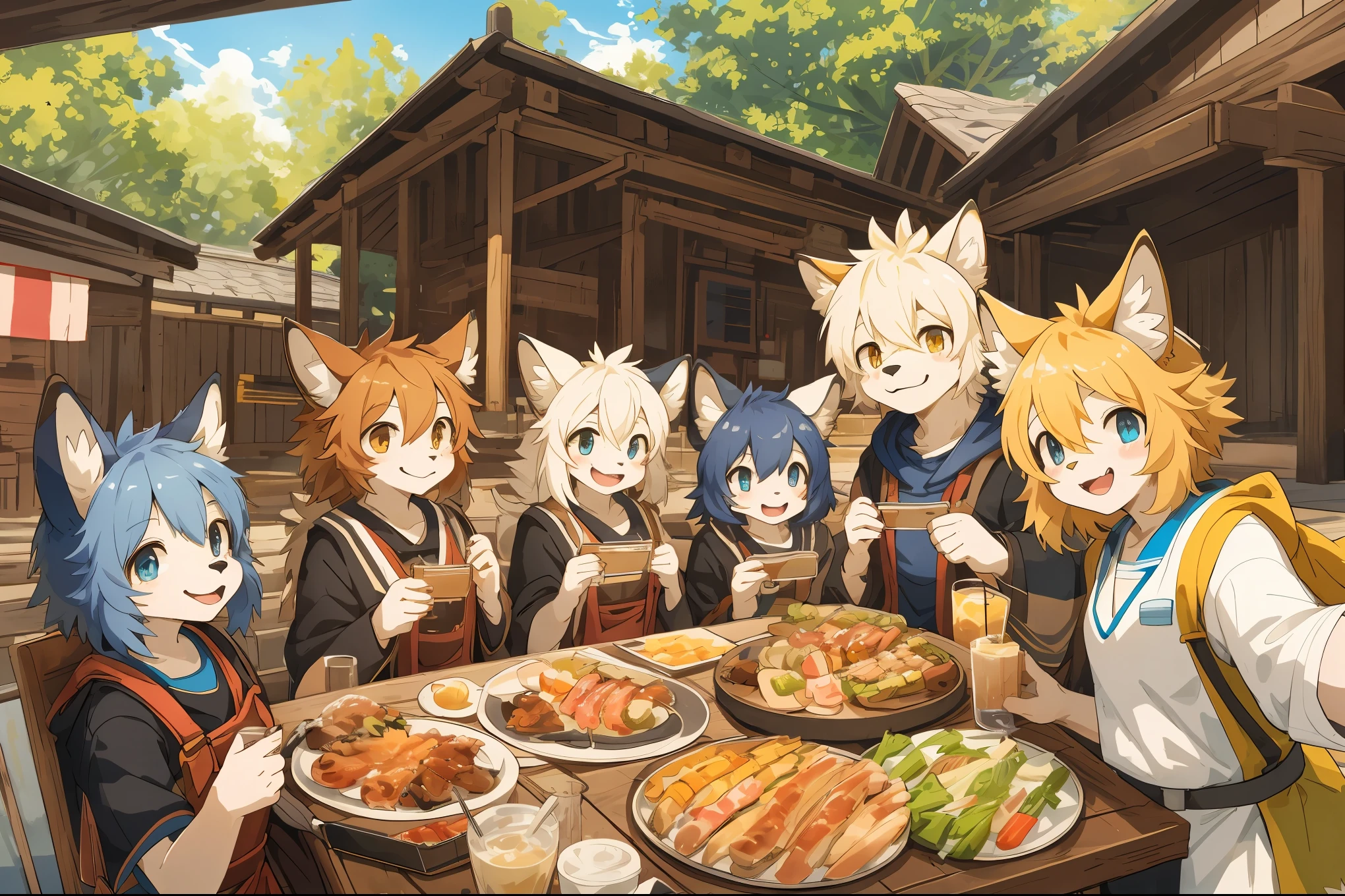 top quality, best quality, High-quality illustrations, masterpiece, super high resolution, detailed background, detailed background, BBQ, group shot:0.5, 6+boys, 6+girls, Happy, joyful, absurdres(highly detailed beautiful face and eyes)perfect ???????(kemono, furry anthro)selfie:0.2,
