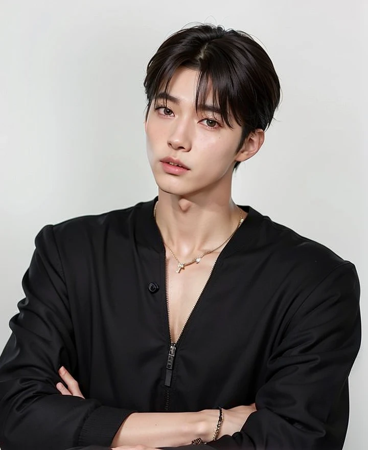 un hombre con una camisa negra y un collar de pie con los brazos cruzados, Kim Doyoung, Cai Xukun, Wonbin Lee, Jinyoung Shin, Hyung Tae, Jung Jaehyun, Siwoo Kim, Un hombre guapo,pelo corto negro, jungkook, Taejune Kim, Shin Jeongho, Hyung Tae kim, Sakimichan, Handsome prince, guapo y atractivo, sexy