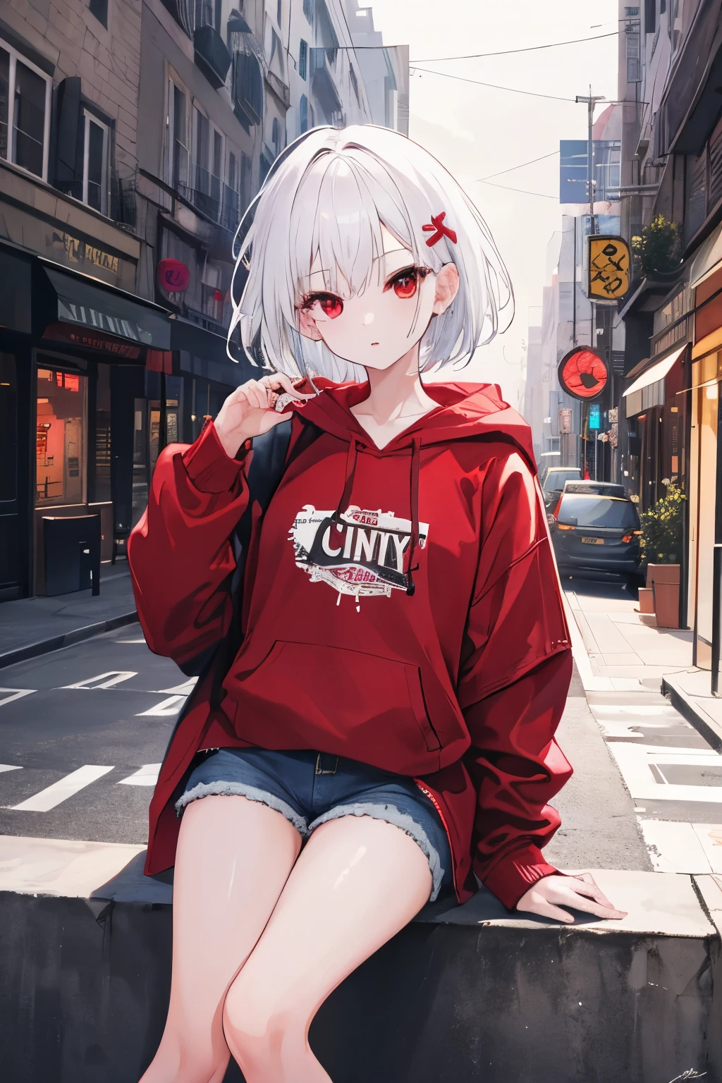 1girl, short white hair,red eyes,wearing black hoodie,denim shorts,city,absurder, high res, ultrasharp 8k, masterpiece, looking at the viewer