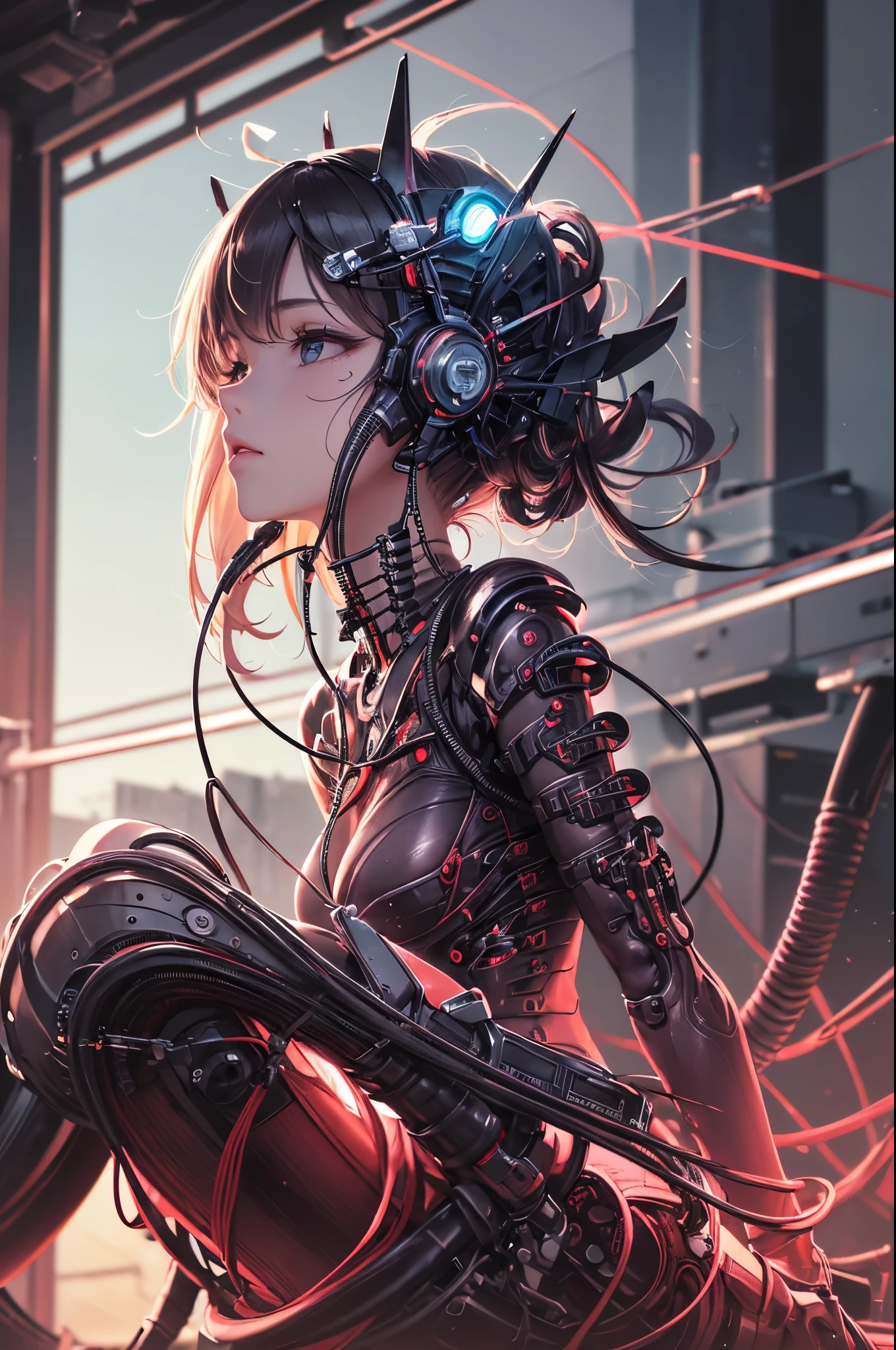 (((masterpiece))), ((best quality)), (ultra-detailed), (CG illustration), (an extremely devious and beautiful)), cinematic light, ((1 mechanical girl)), single, (machine-made joints: 1.4), ((mechanical limbs)), ( blood vessels attached to the tube), ((mechanical spine attached to the back)), ((mechanical cervical vertebrae attached to the neck), ((back to the viewer)), expressionless, (wires and cables attached to the head and body: 1.5), science fiction, apocalypse, ruins