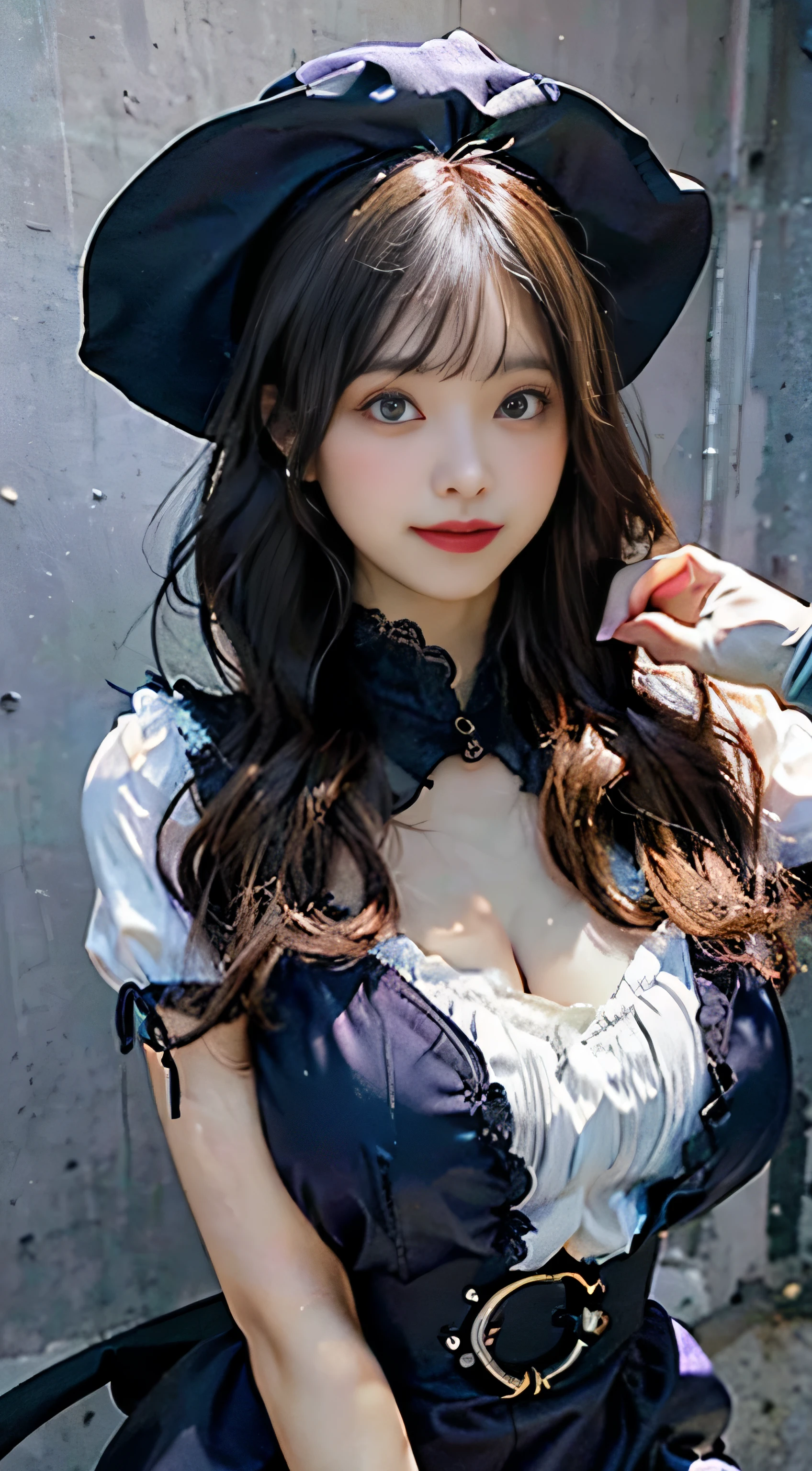 超A high resolution、(Photorealsitic:1.4)、masutepiece, Best Quality, Lisa \(GenshinImpact\),1girl in, Smile,gloves,Witch Hat, Green eyes, eyesight (GenshinImpact), thighs thighs thighs thighs, flower, cleavage, Brown hair, 黒いthighs thighs thighs thighs, Rose,  Beautiful face, The thick muscles in the upper body are very realistic......、 ((hyper gigantic breasts)) types of buberon, lower is huge buttocks, Shiny body, purple rose, hat flower,  multicolored dress, pelvis curtain, Jewelry, Purple Dress,Long hair, Capelet, multicolored clothes, パープルCapelet,Magic,purple electricity,electricity ball,(greybackground:1.4),(nffsw:0.6)