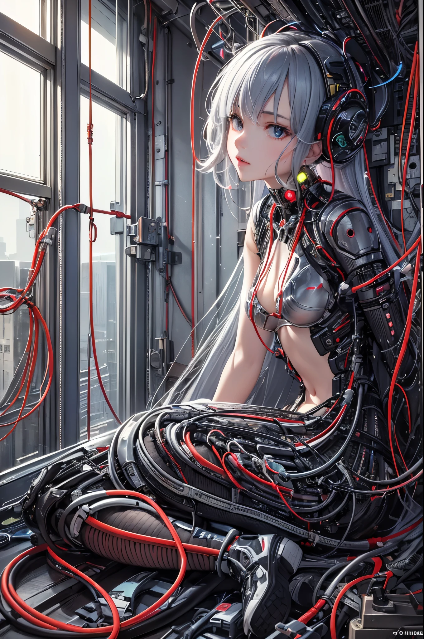 (((masutepiece))), (((Best Quality))), ((Ultra-detailed)), (High Definition CG Illustration), ((extremely delicate and beautiful)),(From Side),Cinematic Light,((1mechanical girl)),Solo,Full body,(Machine-made joints:1.2),((Mechanical marginal vessels connected to tubes),(mechanical vertebra attaching to the back),((mechanical cervial attaching to neck)),(Sitting),deadpan,(wires and cables attaching to neck:1.2),(wires and cables on head:1.2)(Character Focus),Science fiction,White background, ighly detailed,Colorful,highest details