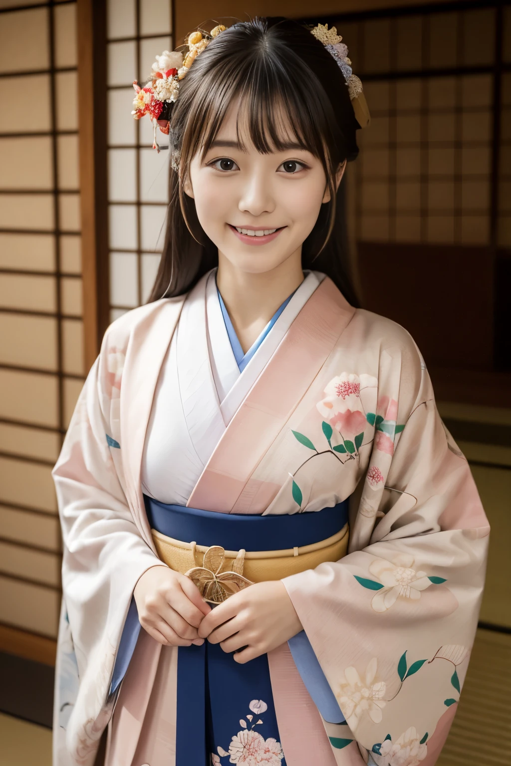 1 beautiful Japan model, 18-year-old female model,  4K、An ultra-high picture quality、bangss、A dark-haired、Kyo-Yuzen、(Kimono, Furisode、Floral pattern in Japanese style:1.5)、(Super cute face in idol style:1.4)、slim and beautiful figure、beutiful breast、A smile、full bodyesbian:1.2、1 moon、