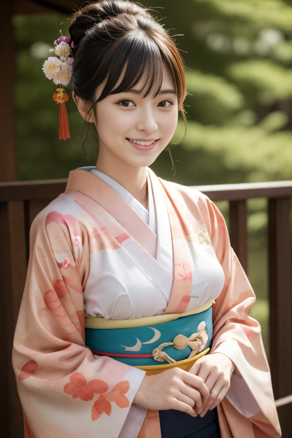 1 beautiful Japan model, 18-year-old female model,  4K、An ultra-high picture quality、bangss、A dark-haired、Kyo-Yuzen、(Kimono, Furisode、Floral pattern in Japanese style:1.5)、(Super cute face in idol style:1.4)、slim and beautiful figure、beutiful breast、A smile、full bodyesbian:1.2、1 moon、