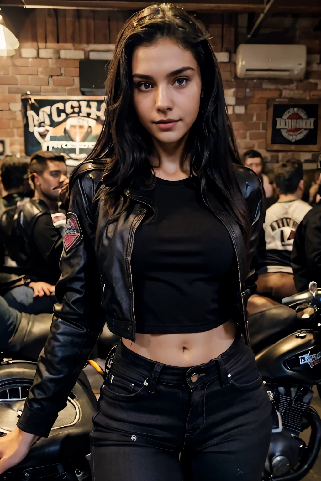 (beautiful girl drinking a beer) ((black jacket, black t-shirt, black jeans)) Perfect beautiful face, (slender body) thin body, (black hair) (blue eyes) (white skin) beautiful body, face Western, predatory eyes, pink vaginal lips, thin hips, thin thighs, collarbone, ribs, (cheerful and happy expression) (looking away), full body, Western Beauty, thin nose, (location: motorcycle club) (night, dark ) bearded men on the side, bikers in the background, bar. ((drunk girl))