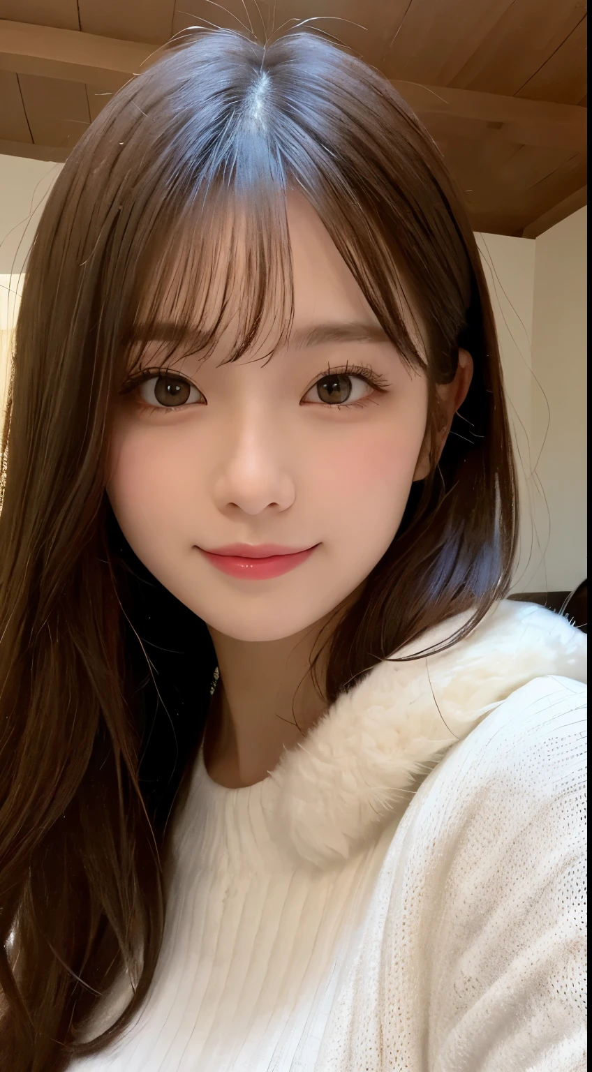 masutepiece, Best Quality, Illustration, Ultra-detailed, finely detail, hight resolution, 8K Wallpaper, Perfect dynamic composition, Beautiful detailed eyes, fluffy winter clothes,Medium Hair,small tits,Natural Color Lip, Bold sexy poses,Smile,Home()a room、20 years girl、Cute、Sexy shot looking at camera