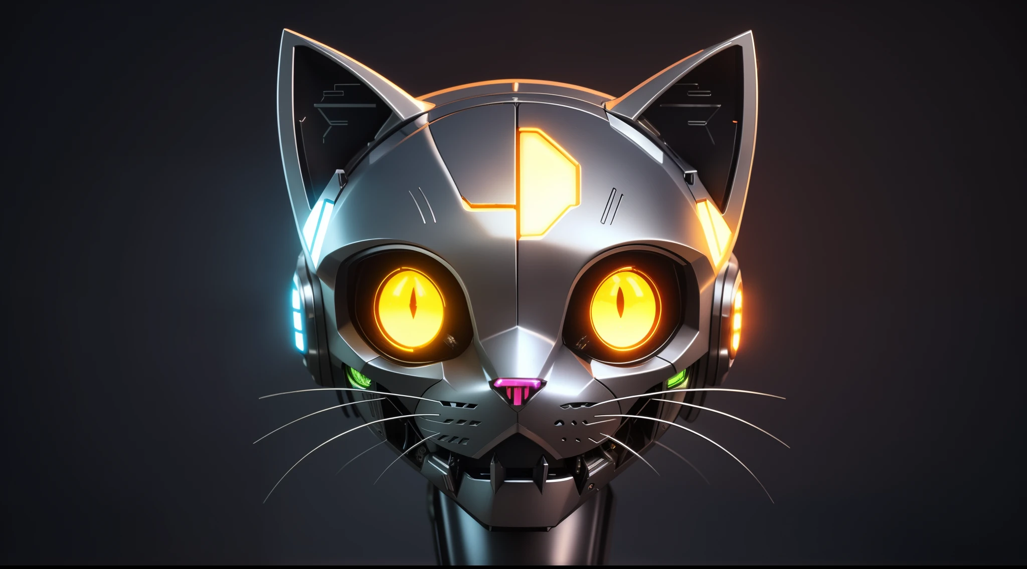 Cat close-up'head with glowing eyes, metal and glowing eyes, cyborg kitten, cyborg cat, Metal cat ears and glowing eyes, Cyberpunk cat, a cyborg cat, robotic cat, Cat Robot, inside a mechanical cat's head, robotic cat, steampunk cat, industrial robotic cats, cute detailed digital art, cute 3d render, armored cat