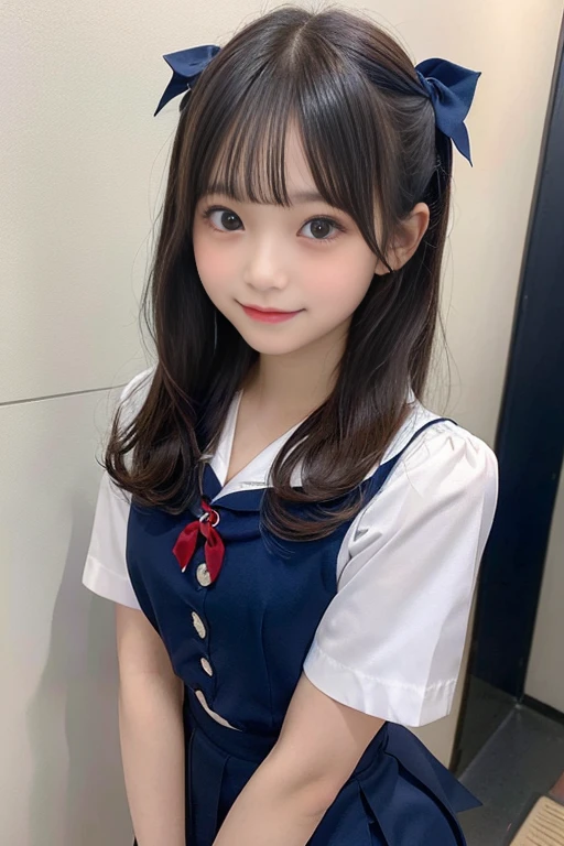 (hightquality、​masterpiece、ultra res、Taking long shots),in 8K,japanese beauty girl(Clear eyes:1.3)、Very young girl、Girl with a cute smileです、 10-year-old female model,(Super cute face in idol style:1.2), Girl with a cute smile、Pattsun bangs、A dark-haired、semi long hair、Middle hair、Straight hair、genitals are smooth、The genitals are so real、Breasts are small、(Junior high school girls uniform、Navy blue sailor suit、Red ribbon at chest、Short pleated skirt in dark blue)、