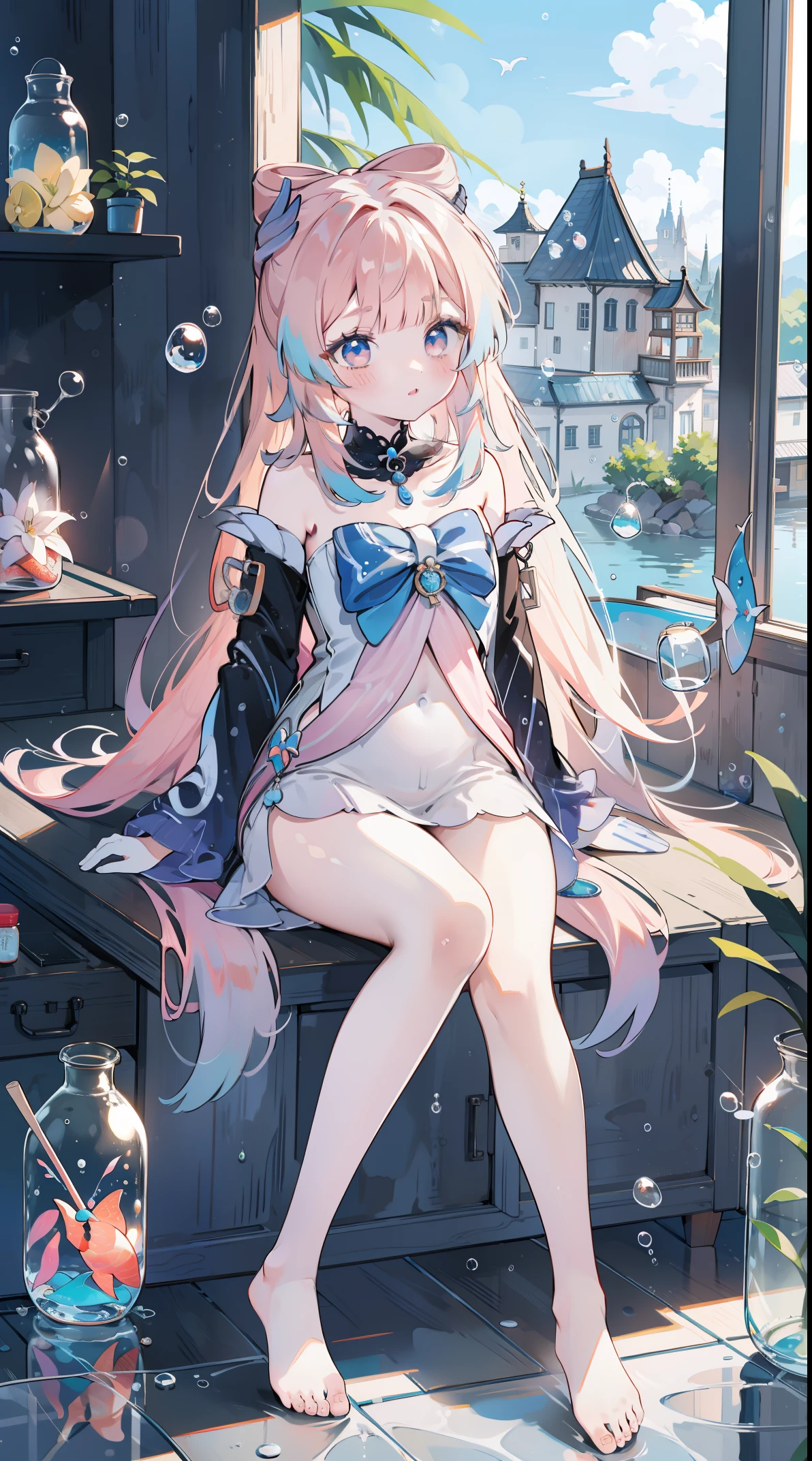 （（（（（（inside jar））））））、A boy with, ((full bodyesbian)), Wendi (genshin impact),brunette color hair, Green eyes, ((((Packed in jars))))、adolable、最small, small, A piece of,(((Packed in jars))), (Eau, Eau泡)