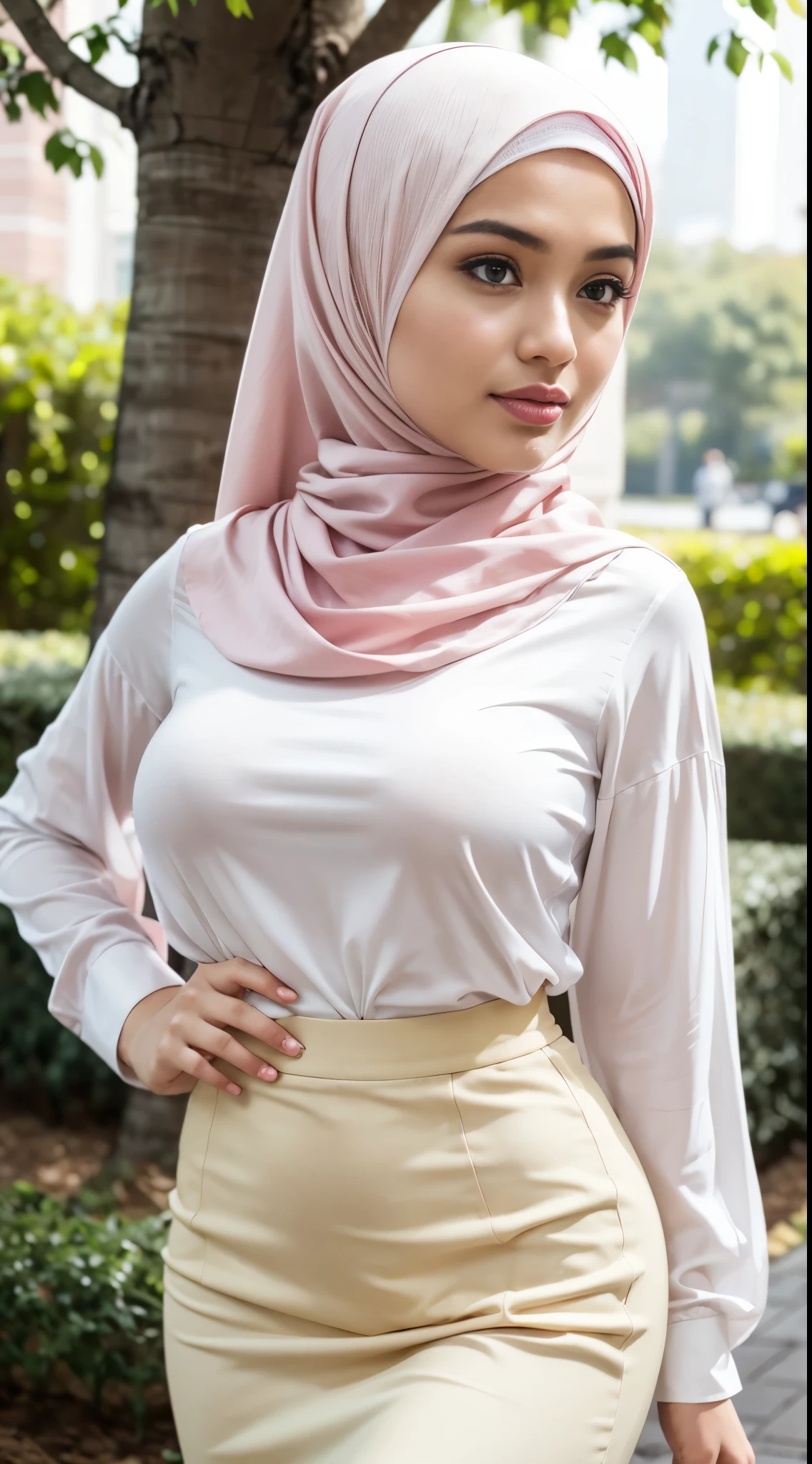 ( Close Up),RAW, Best quality, high resolution, masterpiece: 1.3), beautiful Malay woman in hijab,Masterpiece, perfect slim fit body, Huge breast,big gorgeous eyes, Soft smile,thick thighs, woman in a pink skirt and white shirt posing for a picture, white hijab, wearing a blouse, wearing white silk, white blouse, white silky outfit, wearing in shirt, cream colored blouse, wearing a white blouse, wearing white shirt, white and light-pink outfit, clothed in white shirt, white and pink, wearing translucent sheet , (Delicate turtleneck) , shairband, afternoon walk, City garden, Excellent lighting, Bright colors, Clean lines