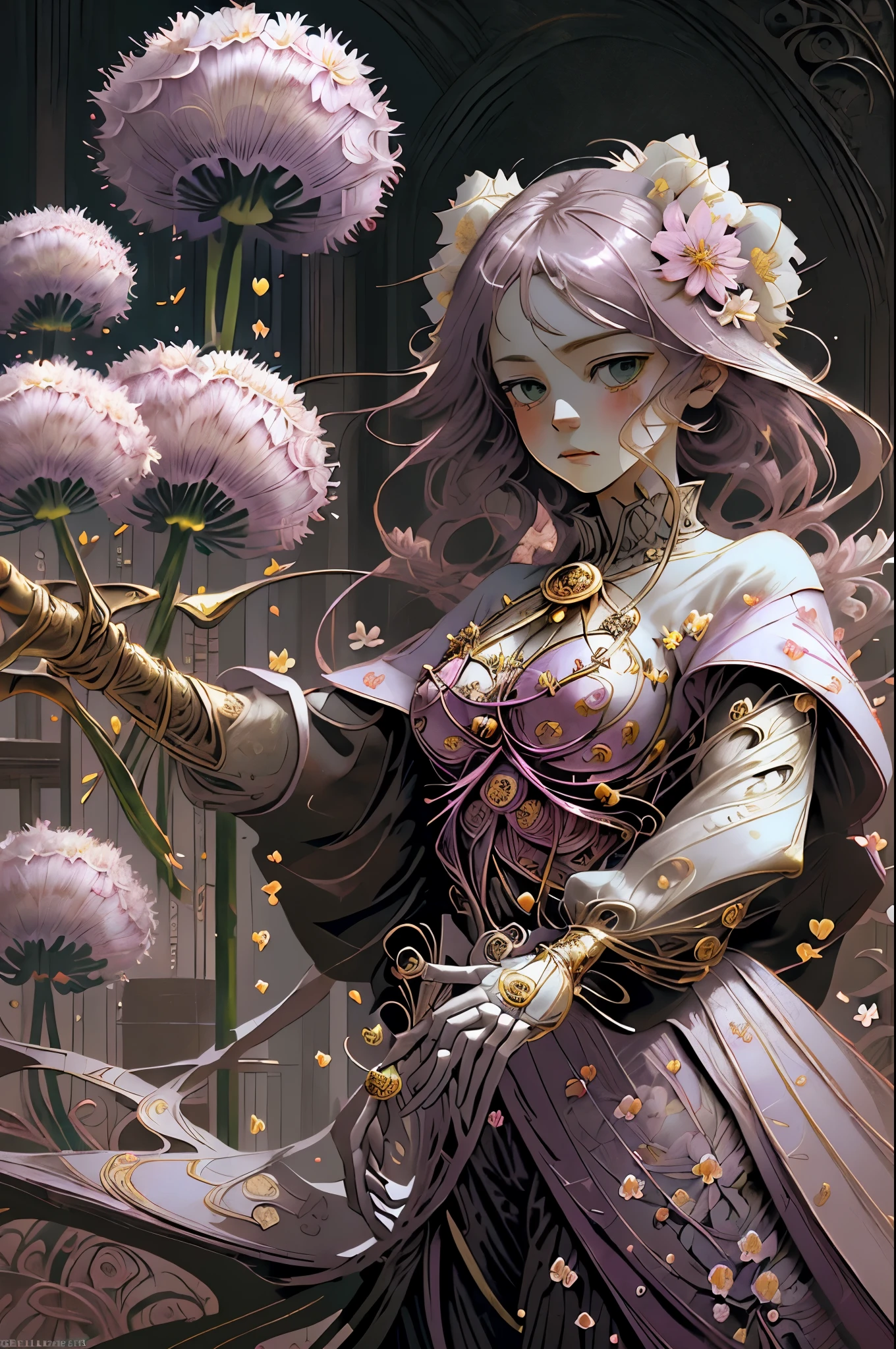 girl mystical landscape and anime girl flowers allium color pink white emerald golden surrealism Dali style epic dramatic drawing of details