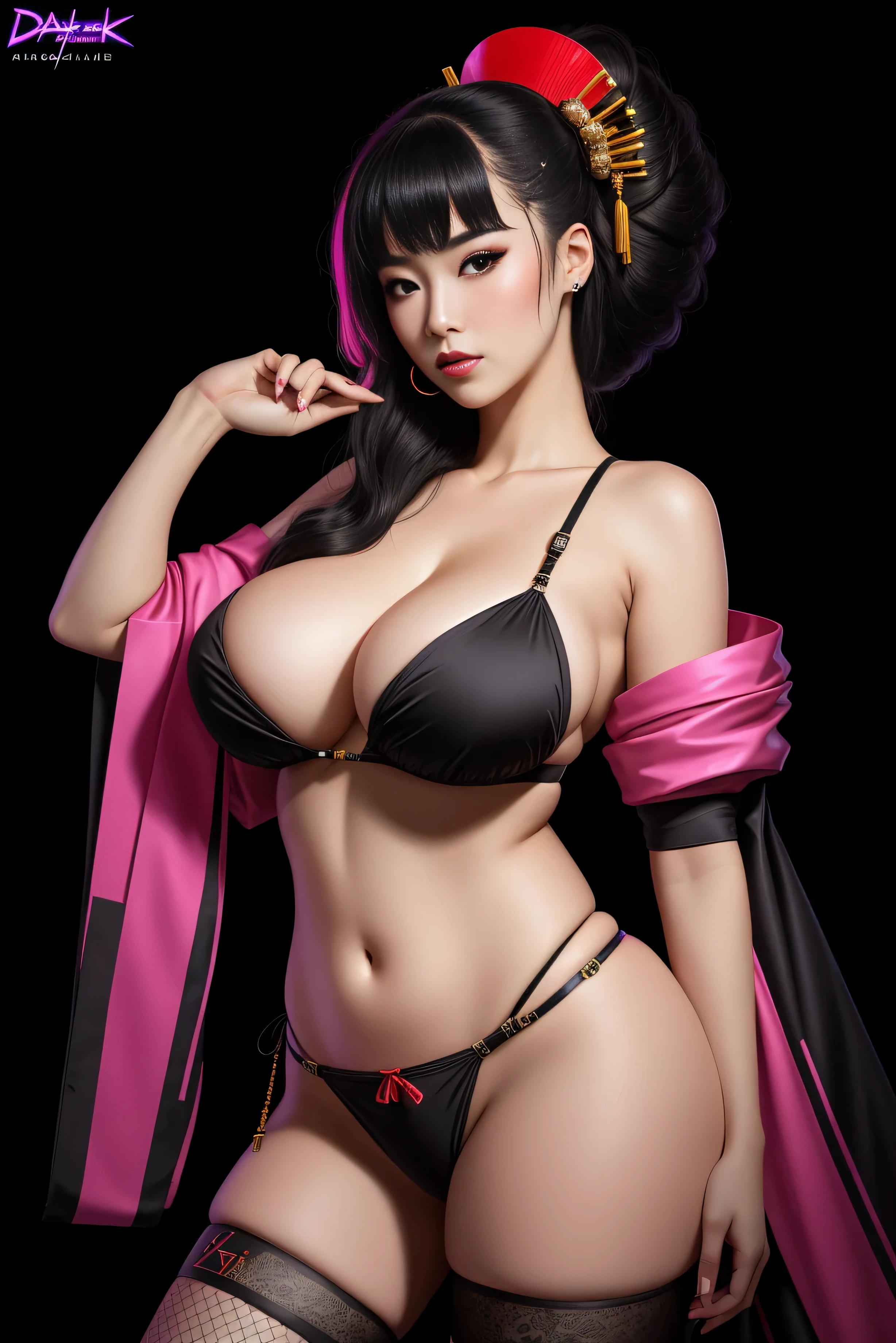 there is a Japanese Geisha woman standing, 3 d neon art of a woman's body, neon-noir background, cyberpunk femme fatale, seductive cyberpunk dark fantasy, cyberpunk strip clubs, cyberpunk 20 y. o model girl, oppai cyberpunk, banner, high definition cgsociety, cgsociety masterpiece, trending on cgstation, kda, random hair, looking at camera, gigantic breasts, cleavage, (high detailed skin:1.2), 8k uhd, dslr, super lighting, high quality, film grain, high res, highly detailed, hyper realistic, beautiful face, beautiful body, beautiful eyes nose lips, alluring expression, very bold, upper boobs visible, full body photo, standing legs apart, pale translucent glowing skin, most beautiful face, cute, (well defined pubic hair:1.2)), (dark plain black background:1.4))