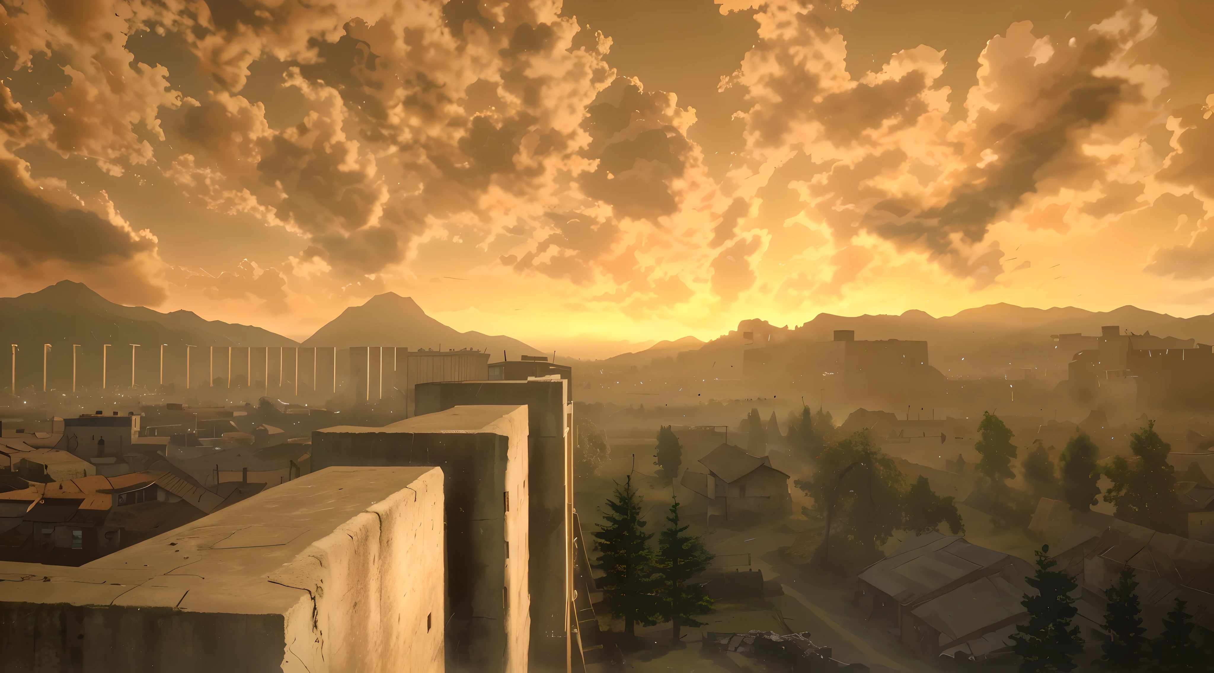 attack on titan scenery, sunset over high walls, ruins in the background, a little bit of trees, small village destroyed, attack on titan anime, AOT theme, walls.