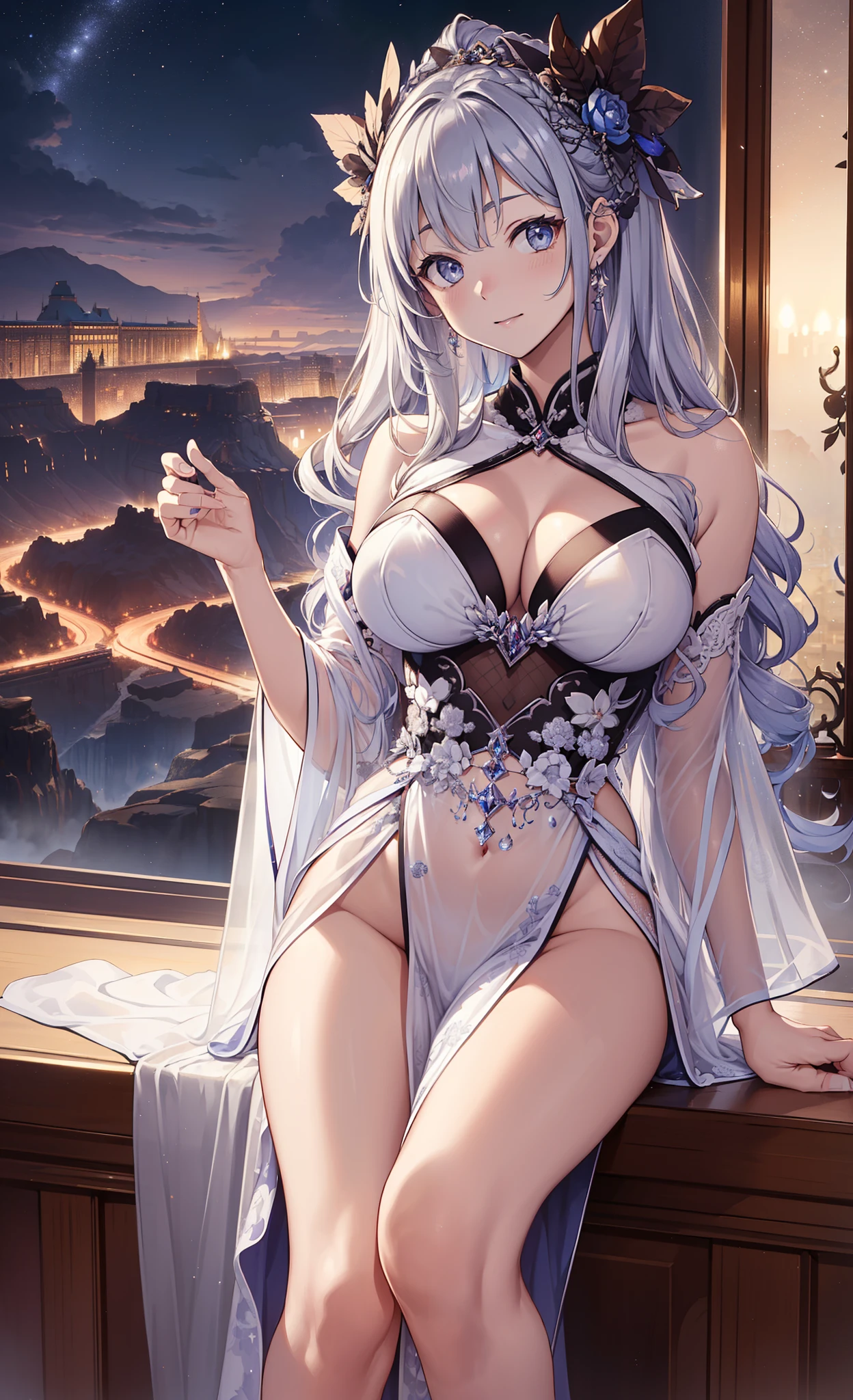 quality、image quality、tmasterpiece、girl ((、best bust、medium chest circumference、obsessed、Sexual suggestiveness、sexual teasing、lacivious pose、Lie flat,silver slightly curly hair、slenderness、Grand canyon、Silver blended transparent Hanfu matching))、high qulity、beautiful art、Background with((luxury hotel、Night view windows)))On a table、visual art、depth of fields、Diamonds adorn clothes,Sparkling,Full body lesbian,Fix fingers