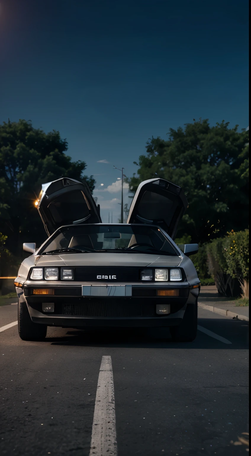 Delorean dmc car, side look , top angle view, high cgi animated , volumetric lighting , open ground , light focus , high beam , photo realistic , dramatic view , top angle, side view , head lights on , high focus beam , ((full vehicle view in the frame))