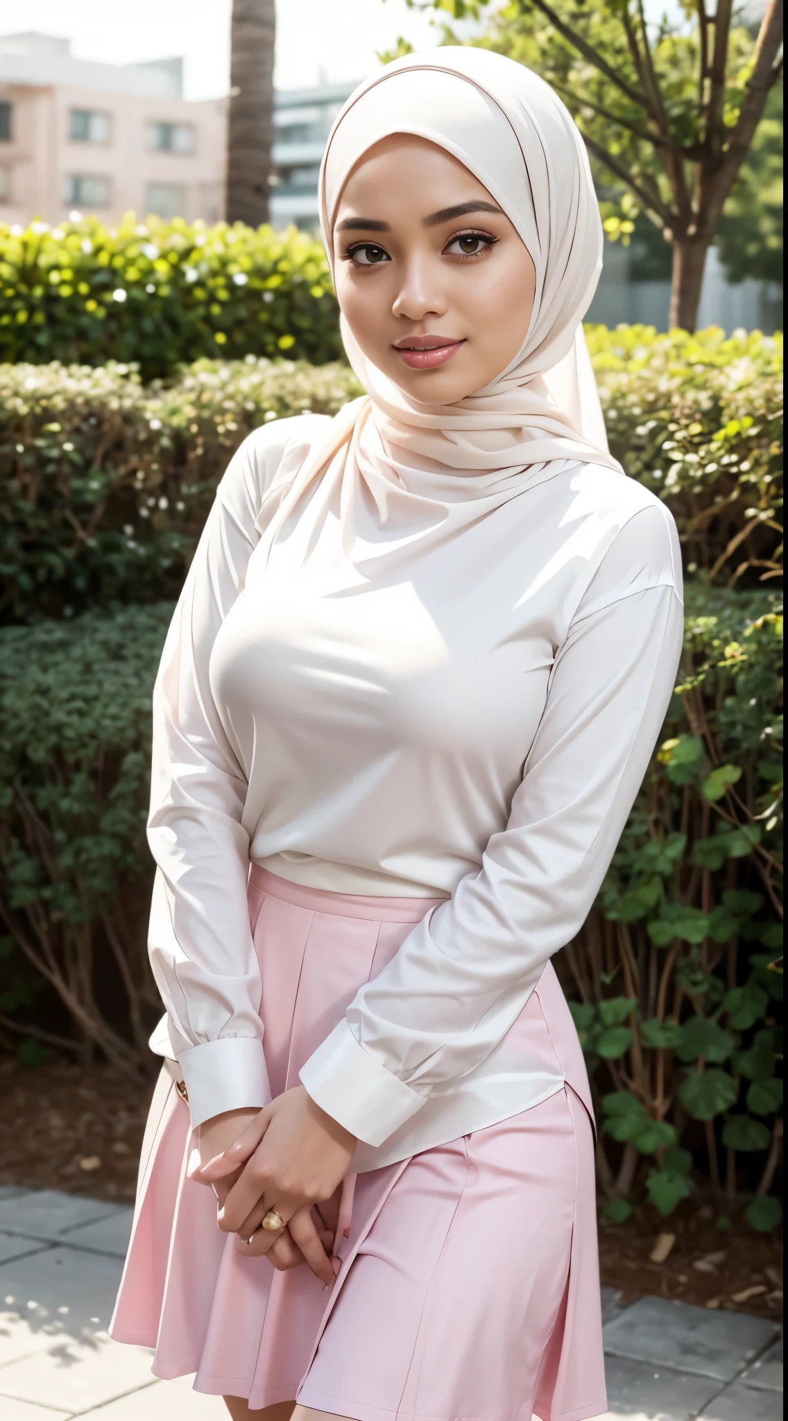 ( Close Up),RAW, Best quality, high resolution, masterpiece: 1.3), beautiful Malay woman in hijab,Masterpiece, perfect slim fit body, Huge breast,big gorgeous eyes, Soft smile,thick thighs, woman in a pink skirt and white shirt posing for a picture, white hijab, wearing a blouse, wearing white silk, white blouse, white silky outfit, wearing in shirt, cream colored blouse, wearing a white blouse, wearing white shirt, white and light-pink outfit, clothed in white shirt, white and pink, wearing translucent sheet , (Delicate turtleneck) , shairband, afternoon walk, City garden, Excellent lighting, Bright colors, Clean lines