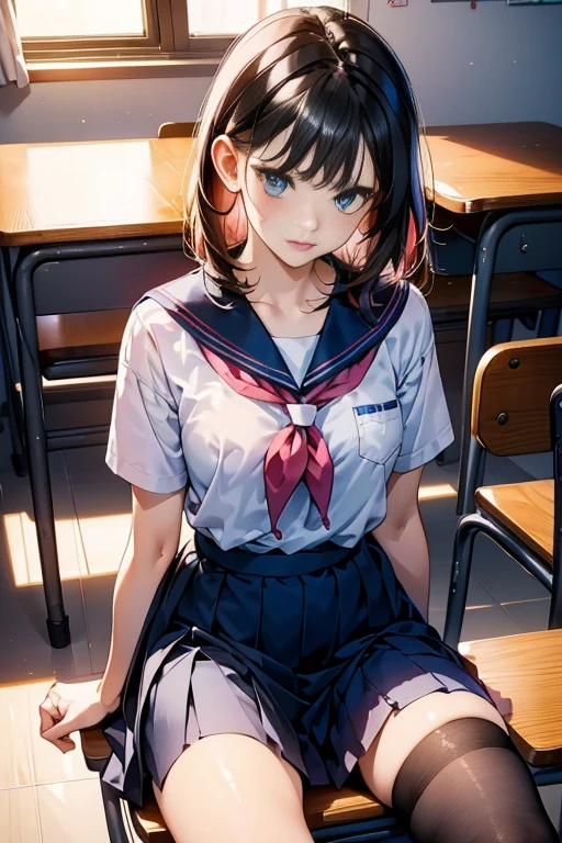 masterpiece, best quality, ultra-detailed, illustration, colorful, falt color, depth of field, lens flare,
1girl, sitting, black hair, looking at viewer,school, classroom, pleated miniskirt , school uniform, serafuku, black pantyhose, detailed skin, detailed cloth texture, beautiful detailed face,
