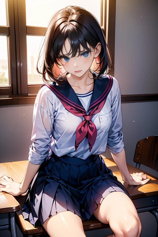 One beautiful and cute girl、female high-school student、（a sailor suit）、red neckerchief、（Mini pleated skirt in dark blue）、（Stockings with a thin black lace pattern：Realism：1.3）、Blue eyes、Troubled face、A look of shame、Pink shiny lips、Short hair style with slightly wavy hair、（drooing eyes、Realism：1.3）、schools、Sitting on a chair in a classroom。