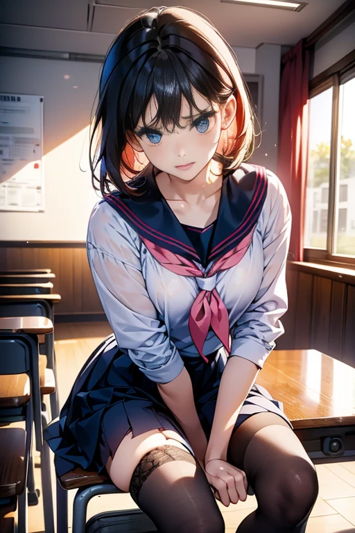 One beautiful and cute girl、female high-school student、(a sailor suit)、red neckerchief、(Mini pleated skirt in dark blue)、(Stockings with a thin black lace pattern:Realism:1.3)、Blue eyes、Troubled face、A look of shame、Pink shiny lips、Short hair style with slightly wavy hair、(drooing eyes、Realism:1.3)、schools、Sitting on a chair in a classroom。