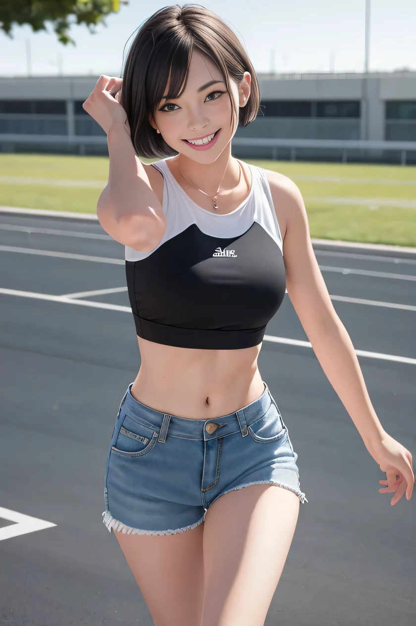 (solo:1.5), (a detailed full-body RAW photo of a girl), (masutepiece:1.0), (Best Quality:1.4), (超A high resolution:1.2), (Photorealistic:1.4), 8K resolution, Canon EOS R5, 50 millimeters, absurderes, ultra-detailliert, (25 year old), Sharp Focus, Cinematic lighting, Detailed beautiful face, (no-makeup:1.2), (ulzzang -6500-v1.1), petite figure, Detailed skin texture, Suntan skin, flat chest, (skinny and fit body:1.6), Thigh gap, Detailed brown hair, sweltering,(Very short hair:1.5), realistic glistening skin, (Sweating:1.45), Heavy breathing, a sultry, (small tits, Cameltoe), (Japan National Team Players, flat chest:1.5), well-developed abdomen, Wet body, (small tits:1.5), (Japan schoolgirl:1.5), (dark tanned skin:1.5), (Blue nike competition lacrosse uniform:1.5), (wet t-shirts:1.5), (through bra from t-shirts:1.5), (Photo of beautiful 25 year old Japan girl  at school), Full body, (school girl:1.5), (erect nipples:1.2), full body, (smile:1.5), (panty fourcus:1.2), (dark colour skins:1.5), (wet body:1.5), (wet skin:1.0), highschool lacrosse team, (mini skirts:1.5), (sun tan), (show panty:1.5), (panty SHOT:1.5), (in the middle of changing:1.5), (while taking off the skirt:1.5), undressing, half-dressed, piece_of_clothing_removed, (remove skirts:1.5), (show hip:1,5), (skirts hold:1.5)